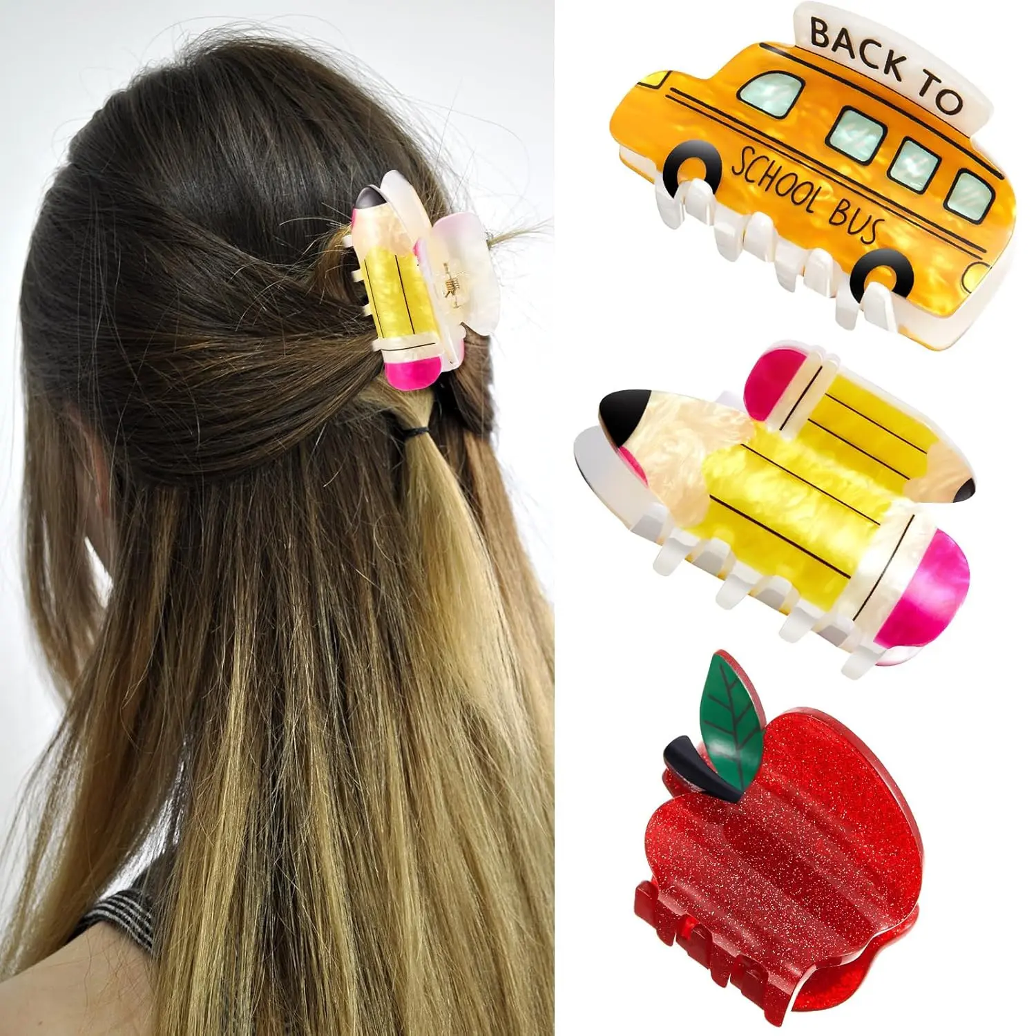3 Pcs Pencil Bus and Apple Hair Claw Clips, Claw Clip Pack, Hair Clip Set, Back to School Teacher Clips, Jaw Barrettes, Teachers Appreciation Gift, Hair Accessories