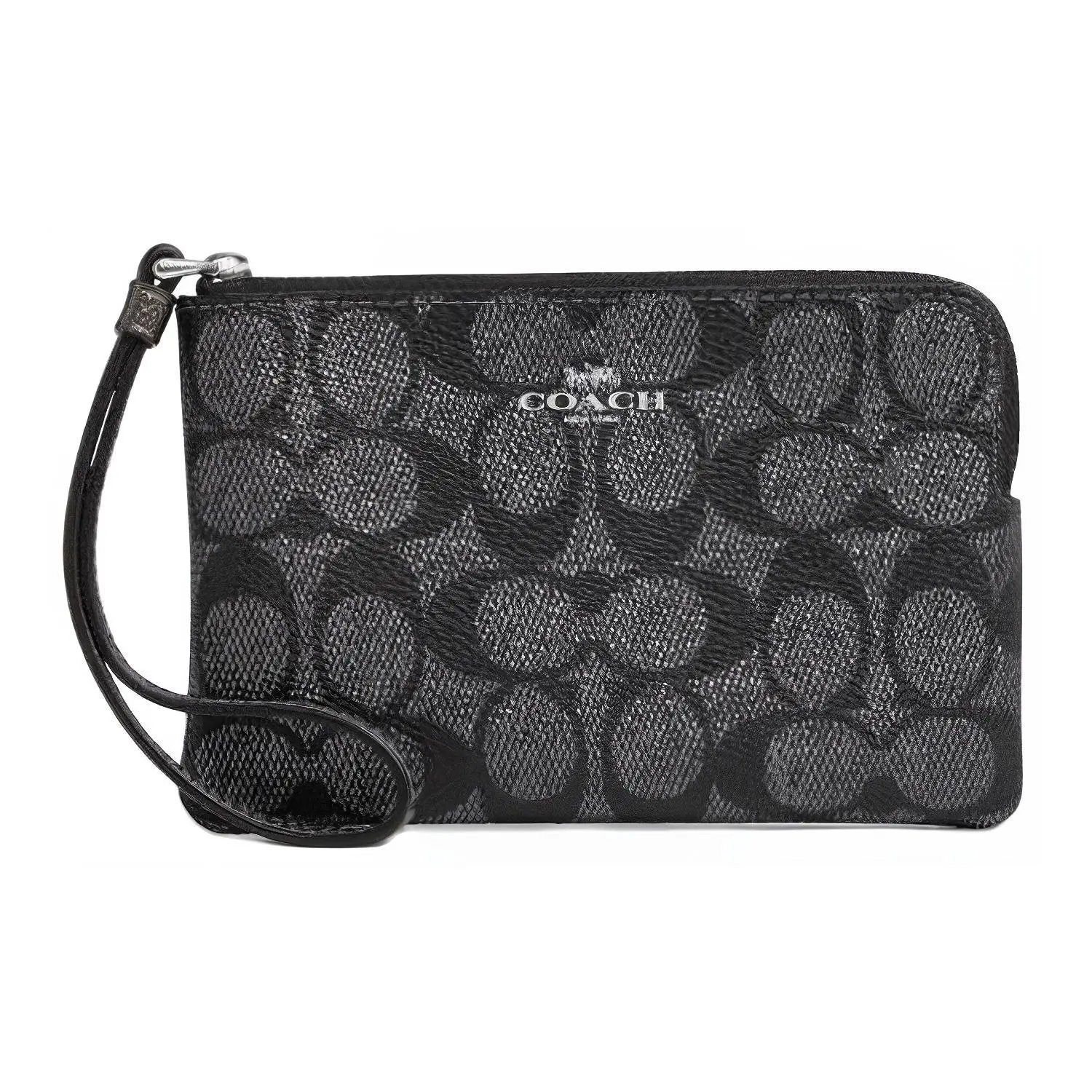 COACH Small Wristlet Clutch Bag for Women – Logo-Zip Style in Black and Gray Faux Leather