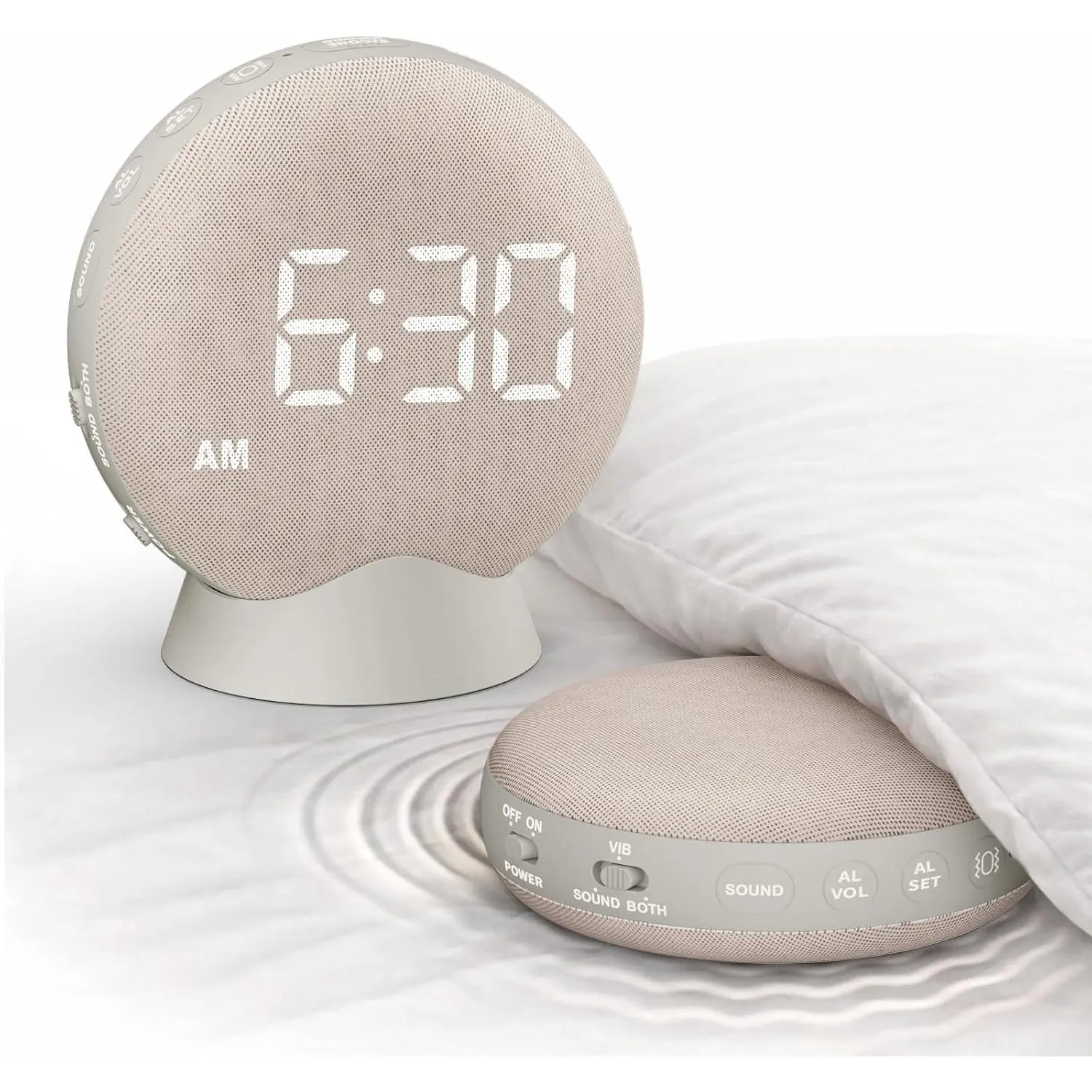 Extra Loud Alarm Clock with Vibrating Bed Shaker for Heavy Sleepers, Hearing Impaired & Deaf - Auto-Dim Digital Clock, Portable Rechargeable Battery for Bedroom, Travel, Dorm - Putty