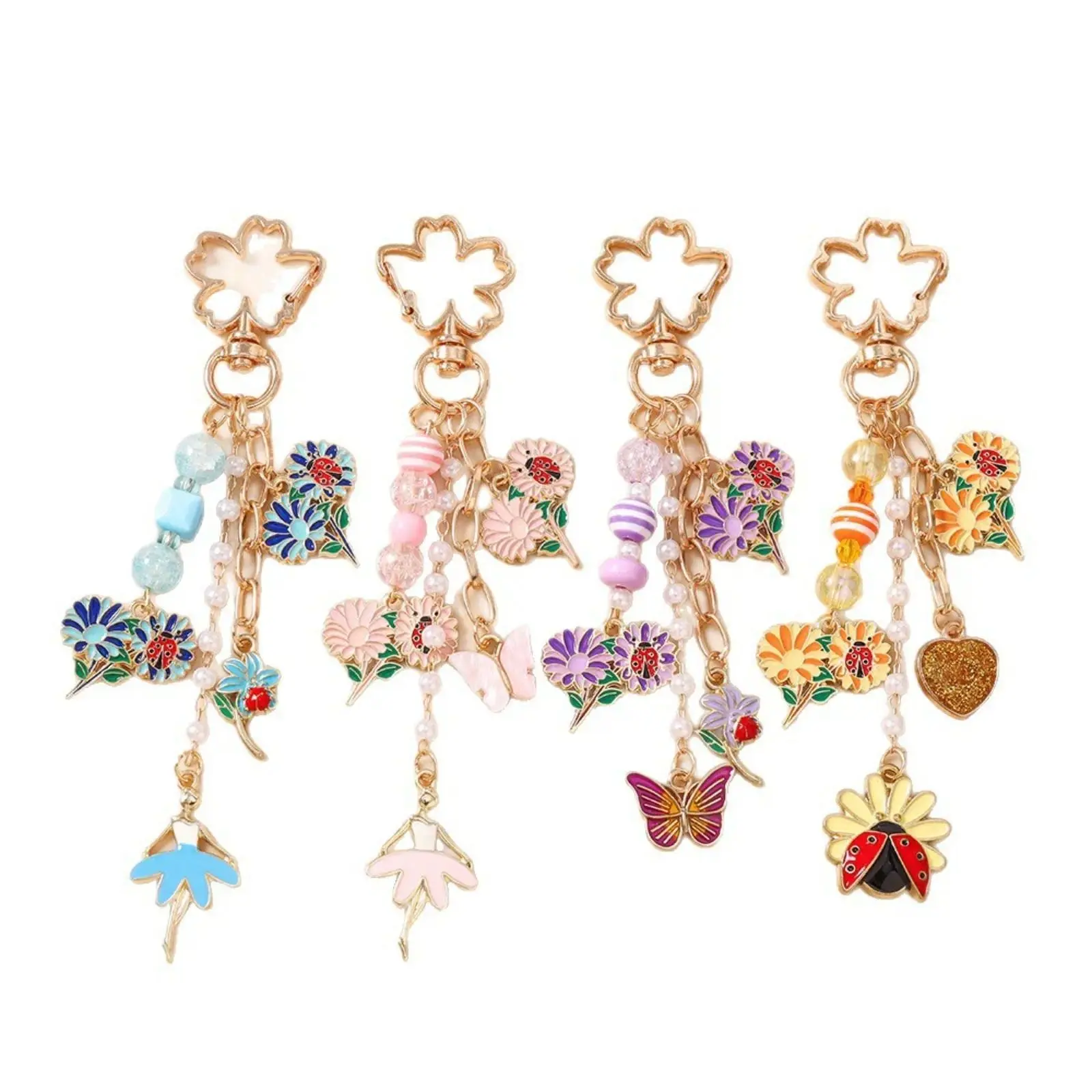 Ladybug Keychain Flower Charm Tassel Cute Carabiner Butterfly Pendant Beaded Keychain Wristlet Aesthetic Ornaments 4 Pcs Set Gifts for Backpack Women