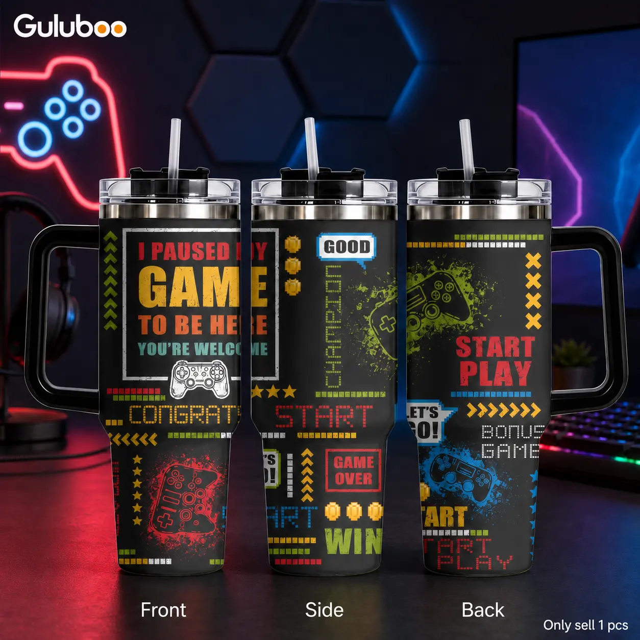 Guluboo 40oz Stainless Steel Insulated Tumbler - Portable Water Bottle with Straw Lid, Leak-Resistant Travel Thermos, Gamergear "I Paused My Game" Print, Funny Gift for Video Game Enthusiasts (Gym, Office Use), Bottles