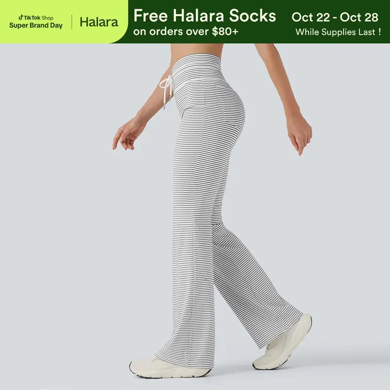 Halara High Waisted Drawstring Stripe Flare Yoga Pants with Pockets