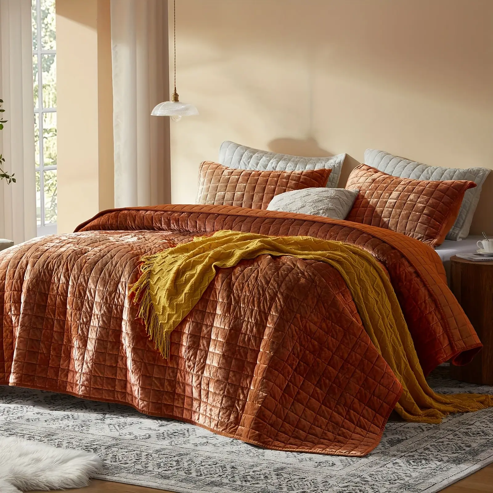 Velvet Quilt Full/Queen/King/California King Size, Lightweight Burnt Orange/Navy Blue Velvet Comforter Set with 2 Pillow Shams, Soft Bedspread Coverlet Quilted Bedding Set for All Season