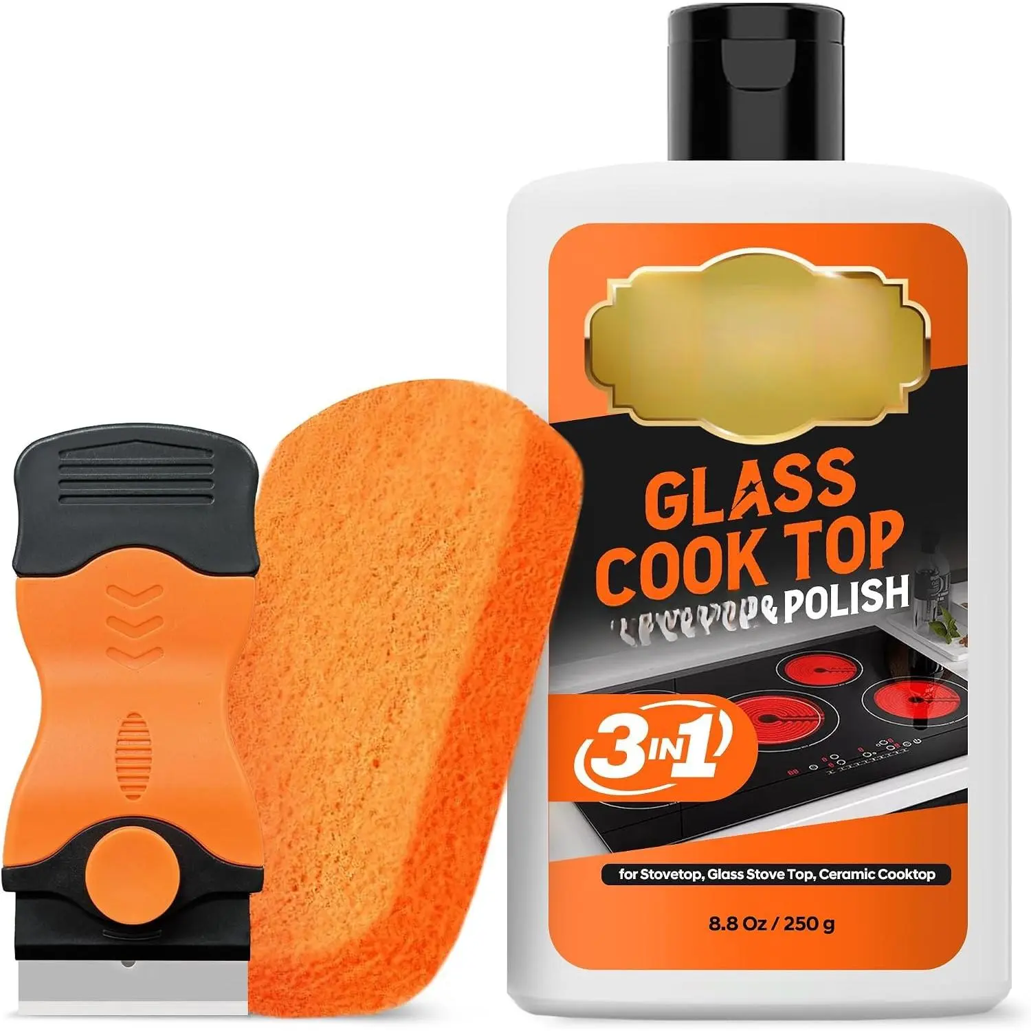 3-in-1 Cooktop Cleaner Kit (8.8 Oz Cooktop Cleaner + Scrubbing Pad + Scraper), Stovetop Cleaner for Electric Top Stoves, Ceramic Cooktops & Fireplace Glass, Remove Burned  ,