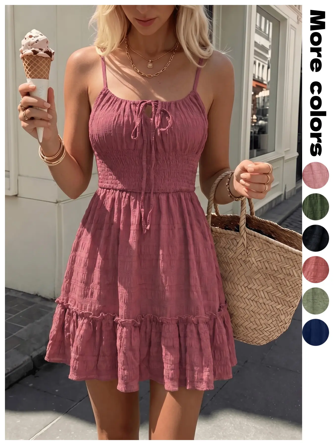 Solid Color Textured Feminine Elegant Casual Mini Dress, Adjustable Thin Straps Square Neck Tie Back, Waist Cinch Ruffle Hem, Multi-Color Vacation Style Women's Dress