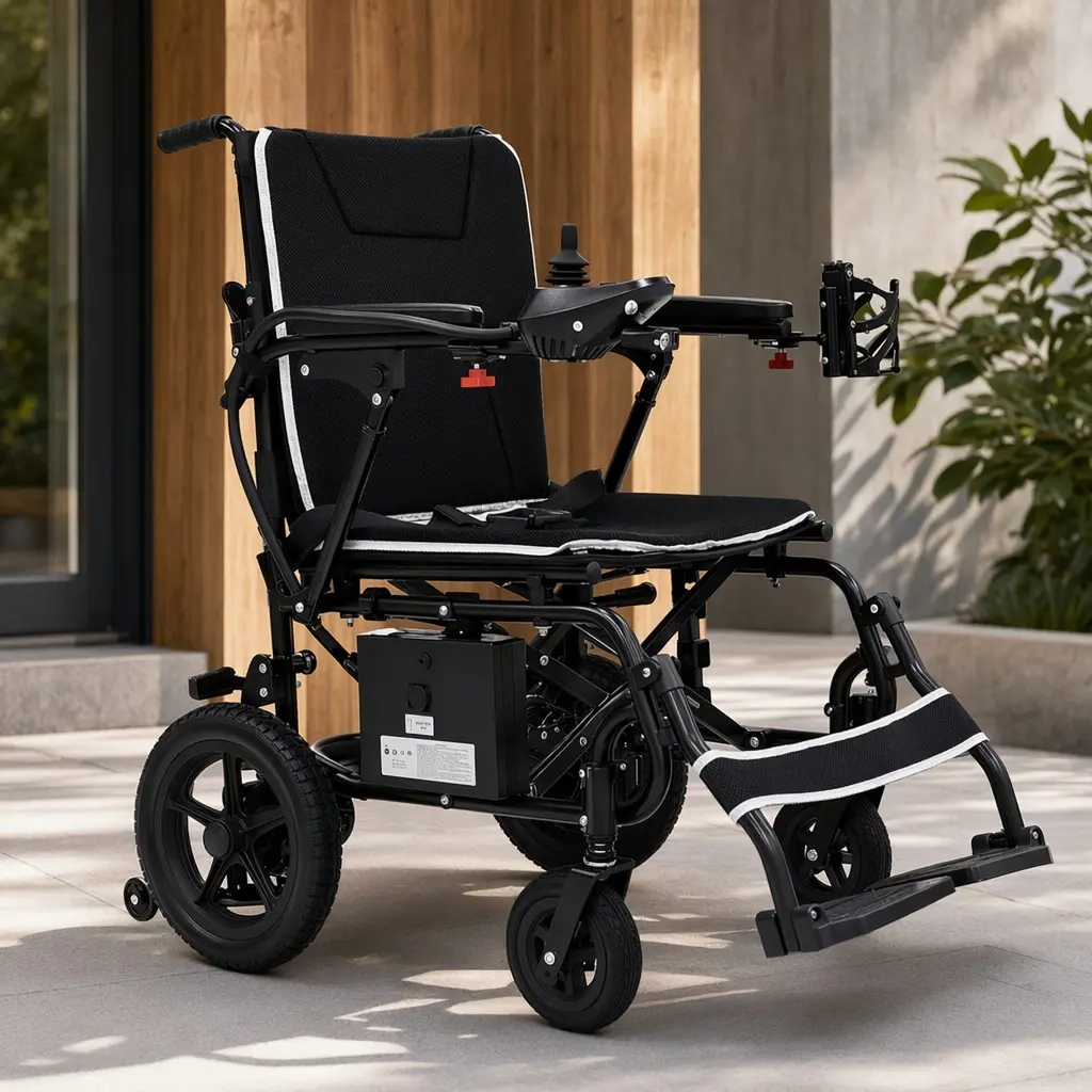 Lightweight Foldable Electric Wheelchair for Adults & Seniors, 36 lbs Ultralight Power Wheelchair with 264 lbs Capacity, 12-Mile Range, All-Terrain, LED Light, Cup Holder, Black+Gray