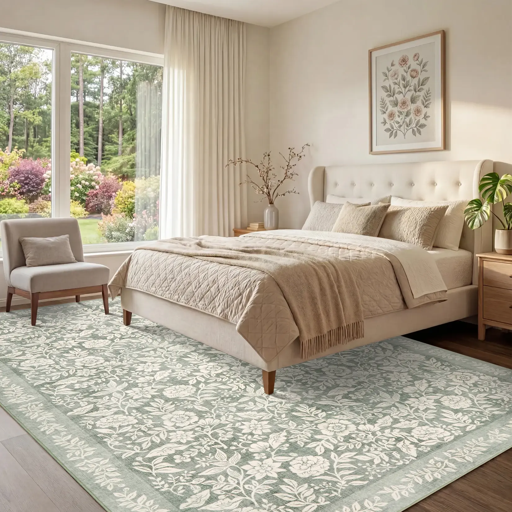 Modern Heavy Duty Floral Pattern Rug - Synthetic Fiber, Soft, Anti-Slipping, Low Pile, Foldable Indoor Area Carpet with Vintage Art, Long Runner for Bedroom, Living Room