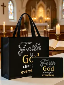 2-piece/set minimalist handbag & makeup bag, durable, printed with the pattern of "Trust in God", storage bag, toiletry bag, suitable for ladies' cosmetics storage, cosmetics storage in college dormitories, ladies' travel, gift bag,