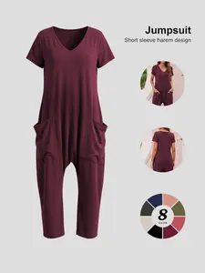 Women's Oversized V-Neck Jumpsuit, Short Sleeve Harem Romper with Pockets, Loose Fit, Solid Color, Spring & Fall Casual Loungewear