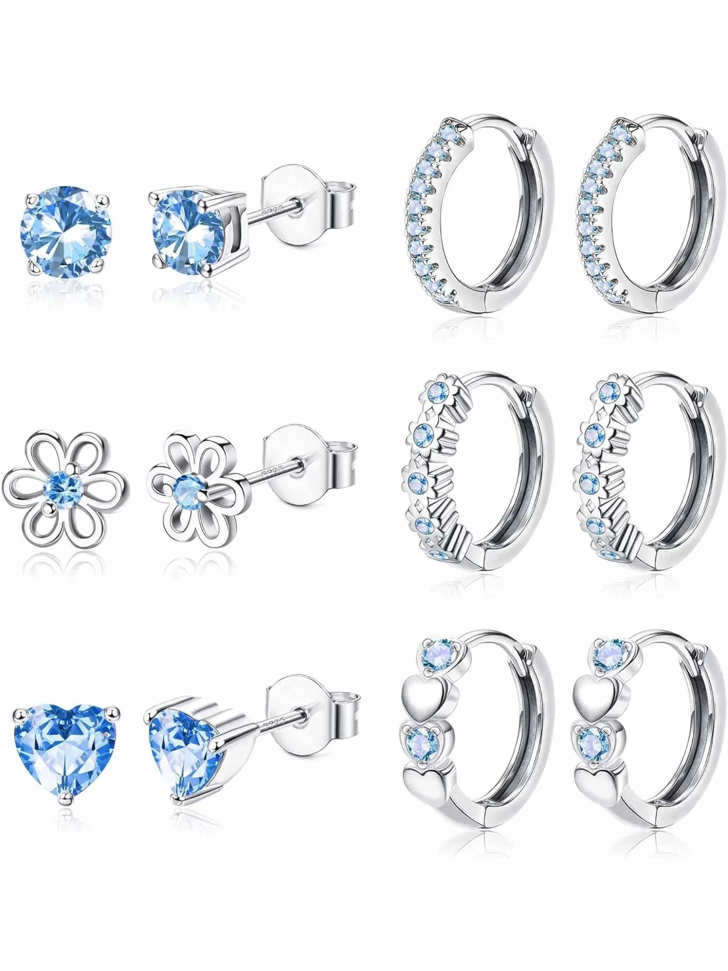 6 Pairs Small Earrings Set for Women Girls 925 Sterling Silver Post Stud and Hoop Earrings Set Hypoallergenic Zirconia Flower Heart Cute Cartilage Earrings for Kids Baby Pink/Purple/Blue Pretty Studs Stud Earrings Jewelry