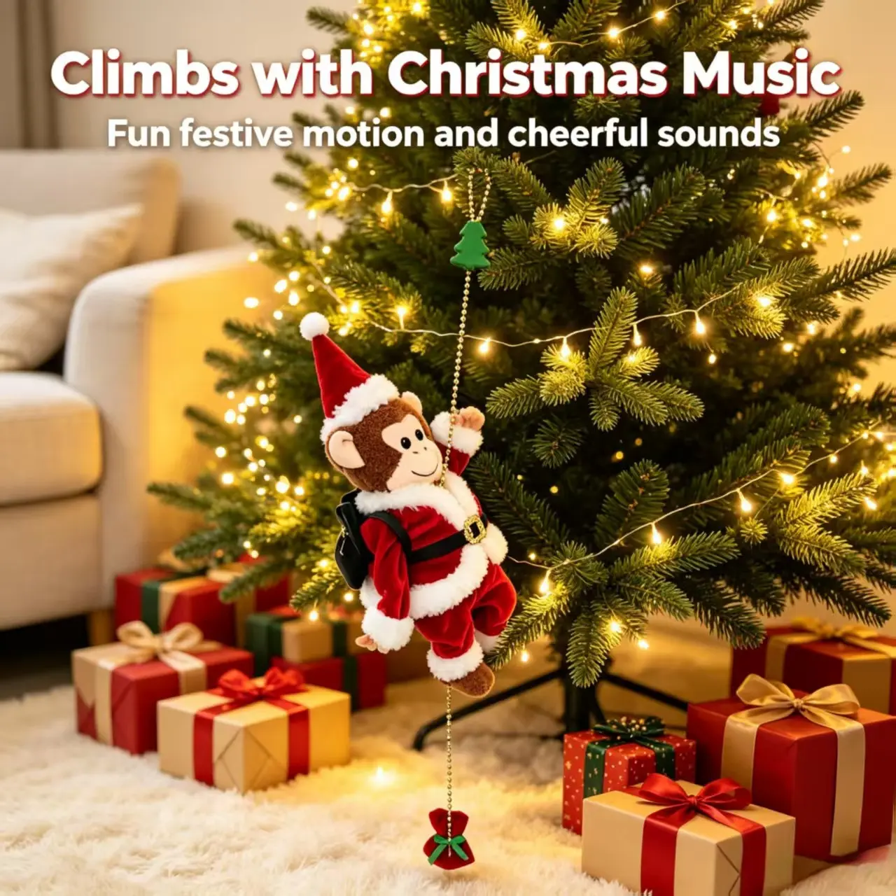 Christmas Tree Decoration Climbing Monkey Music Plush Hanging Ornament, Automatic Rising Music Doll, Electric Decorative Item for Living Room