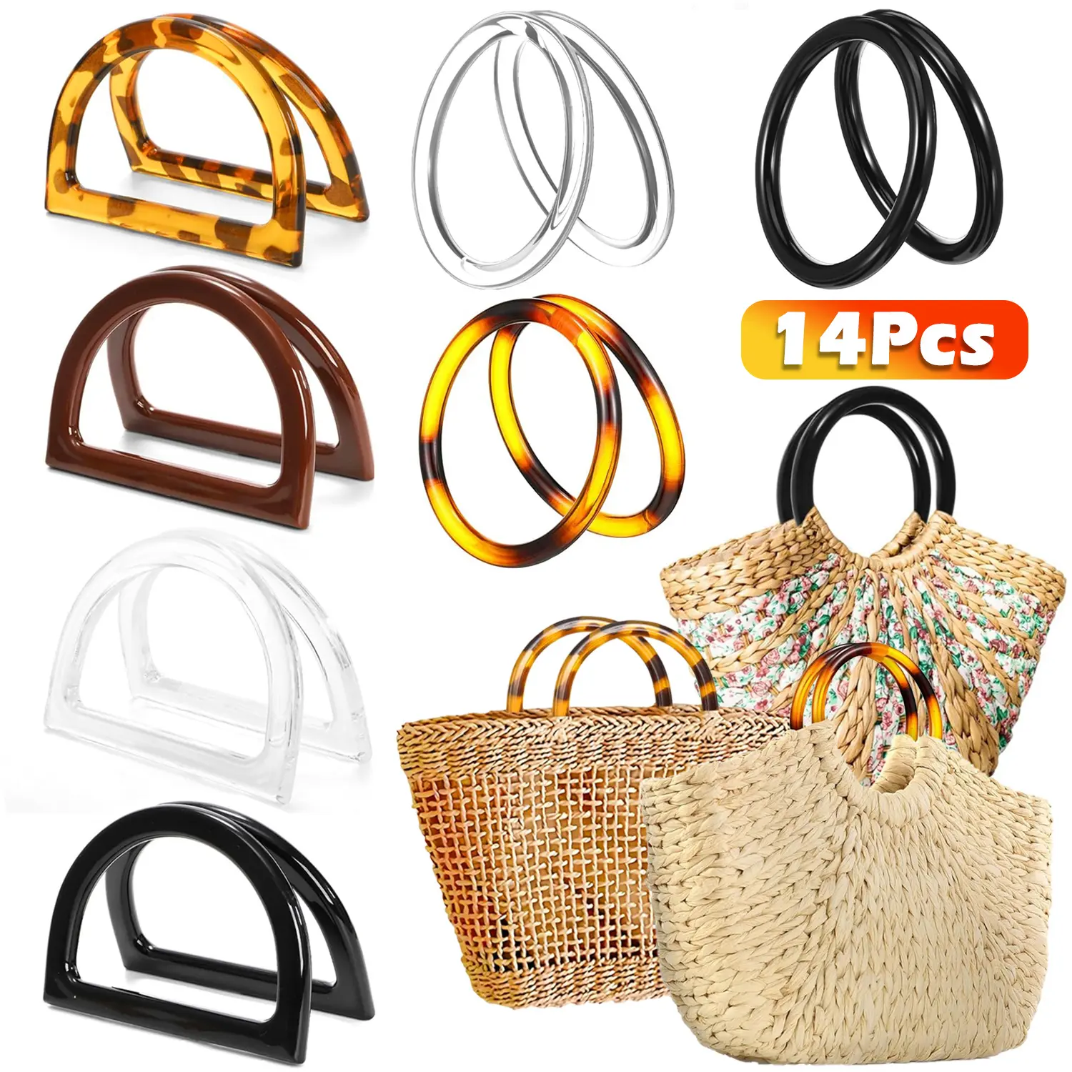 14 Pcs Purse Handles 2styles Handbag Handles Replacement for Handmade Crochet Bag Round Purse Handles D-Shaped Purse Handles Summer Beach Straw Bag DIY Supplies