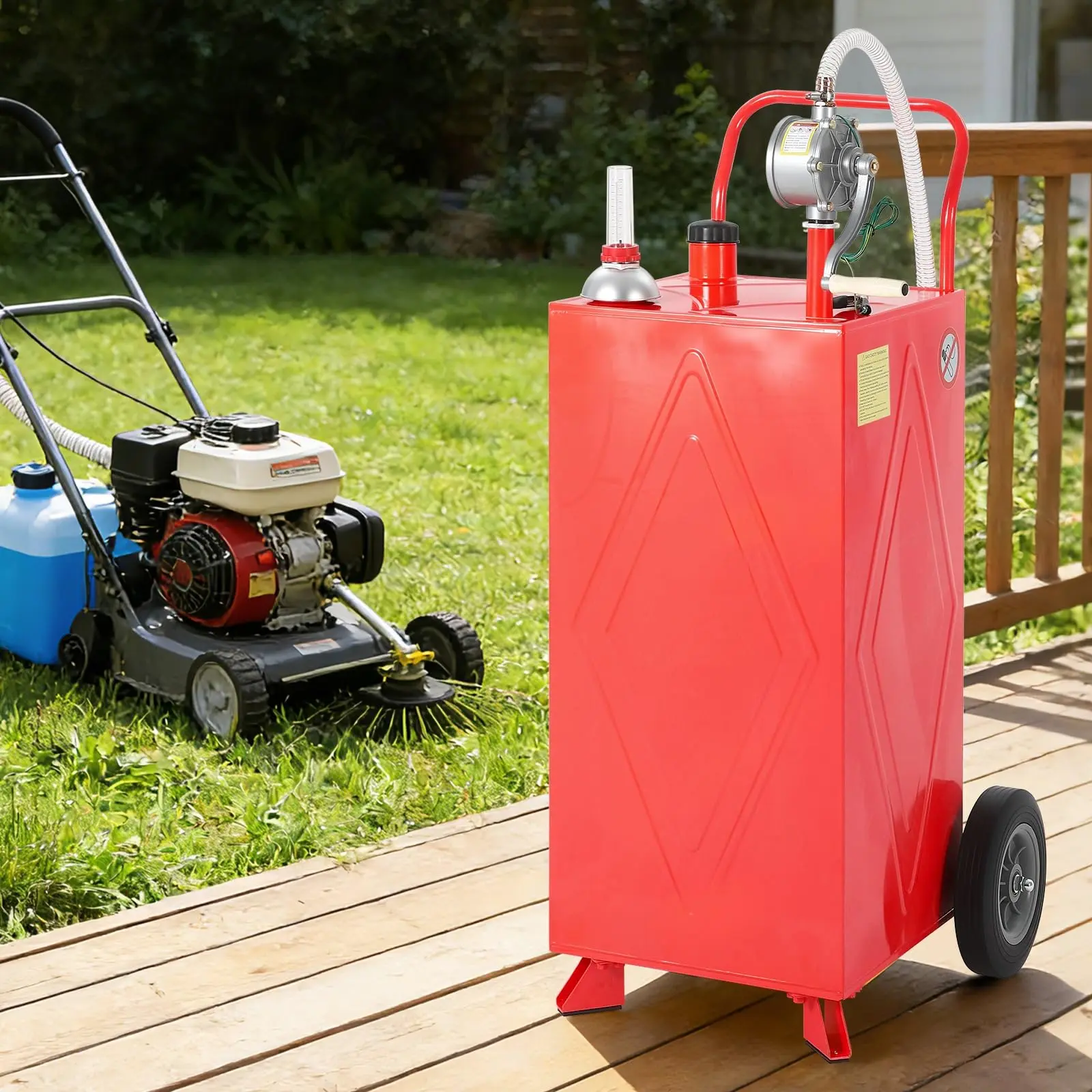30 Gallon Portable Fuel Gas Caddy, Manual Rotary Pump with Return Function, Spill-Proof Mobile Gas Tank with Hose, Level Gauge & Grounding Clamp – Red 2-Wheel, 2-Support