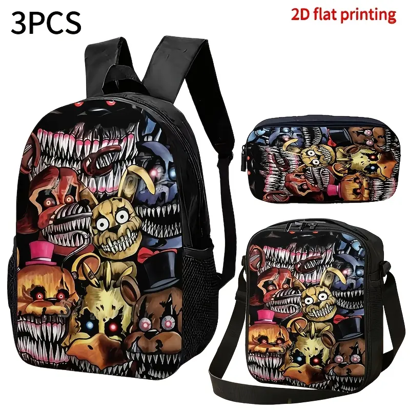 Kids' 5 Nights at Freddy’s 3-Piece Waterproof School Backpack Set - 600D Oxford Fabric, Lunch Bag, Pencil Case, Full Animatronic Sharp Teeth Horror Print, Breathable Straps, Zipper Closure