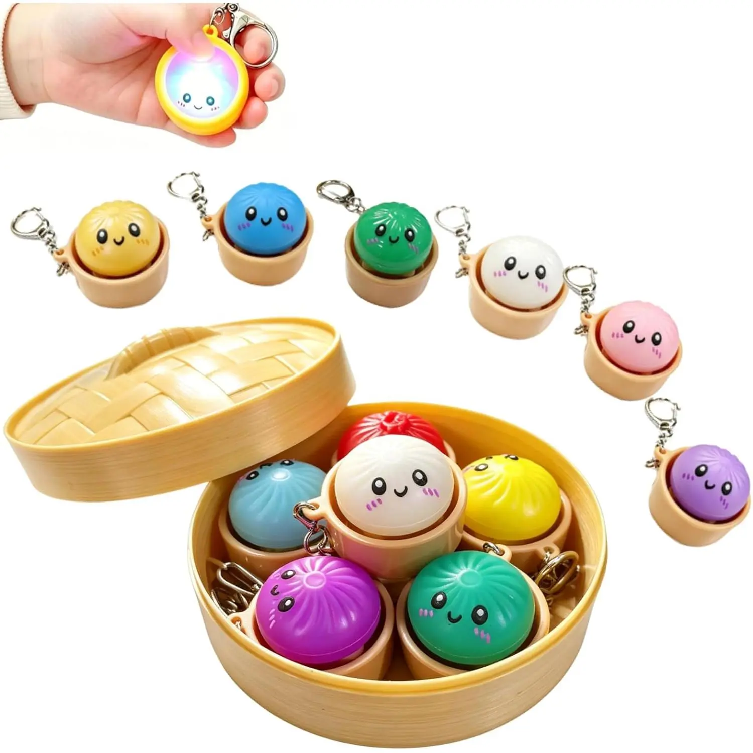 Unisex Assorted Glowing Dumpling Button Clicker Keychain - Big Steamer, Cartoon Characters, Compact Body, Crisp Quiet Clicks, Keyring Clip, Durable Anxiety Relief Focus Toy, Keychain Decor, Kids Gift, Portable Indoor Leisure Gear