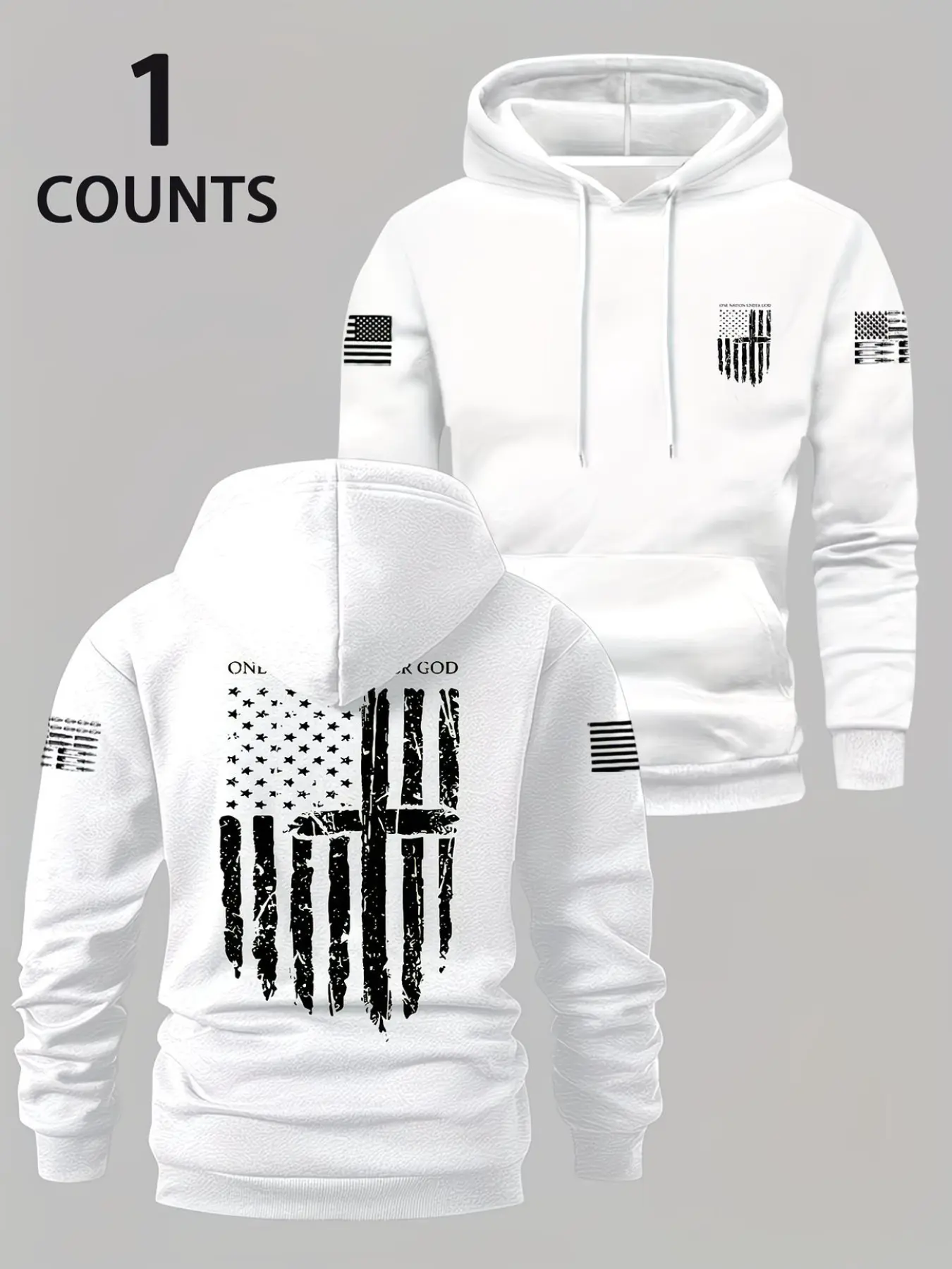 Men's Hooded Sweatshirt, Long Sleeve, Loose Fit, Drawstring, Fleece Lined, Vintage Usa Flag Print, Casual Streetwear, Fall & Winter, Warm and Comfortable