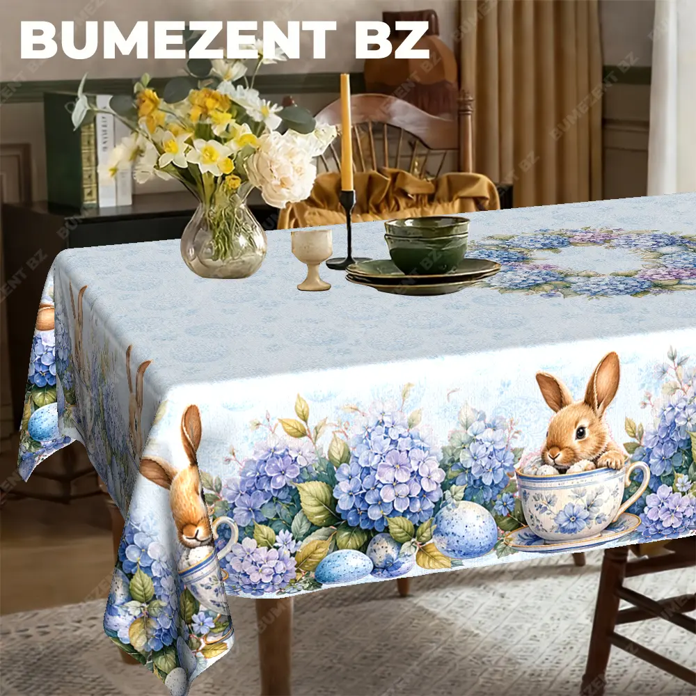 BUMEZENT BZ Easter hydrangea bunny Tablecloth Polyester Round Tablecloth, Rectangle Tablecloth, Printed Table Cover for Dining Table, Kitchen Table, Dining Room, Farmhouse Decor, Party, Wedding, Holiday, Banquet, Buffet, Indoor Outdoor Use