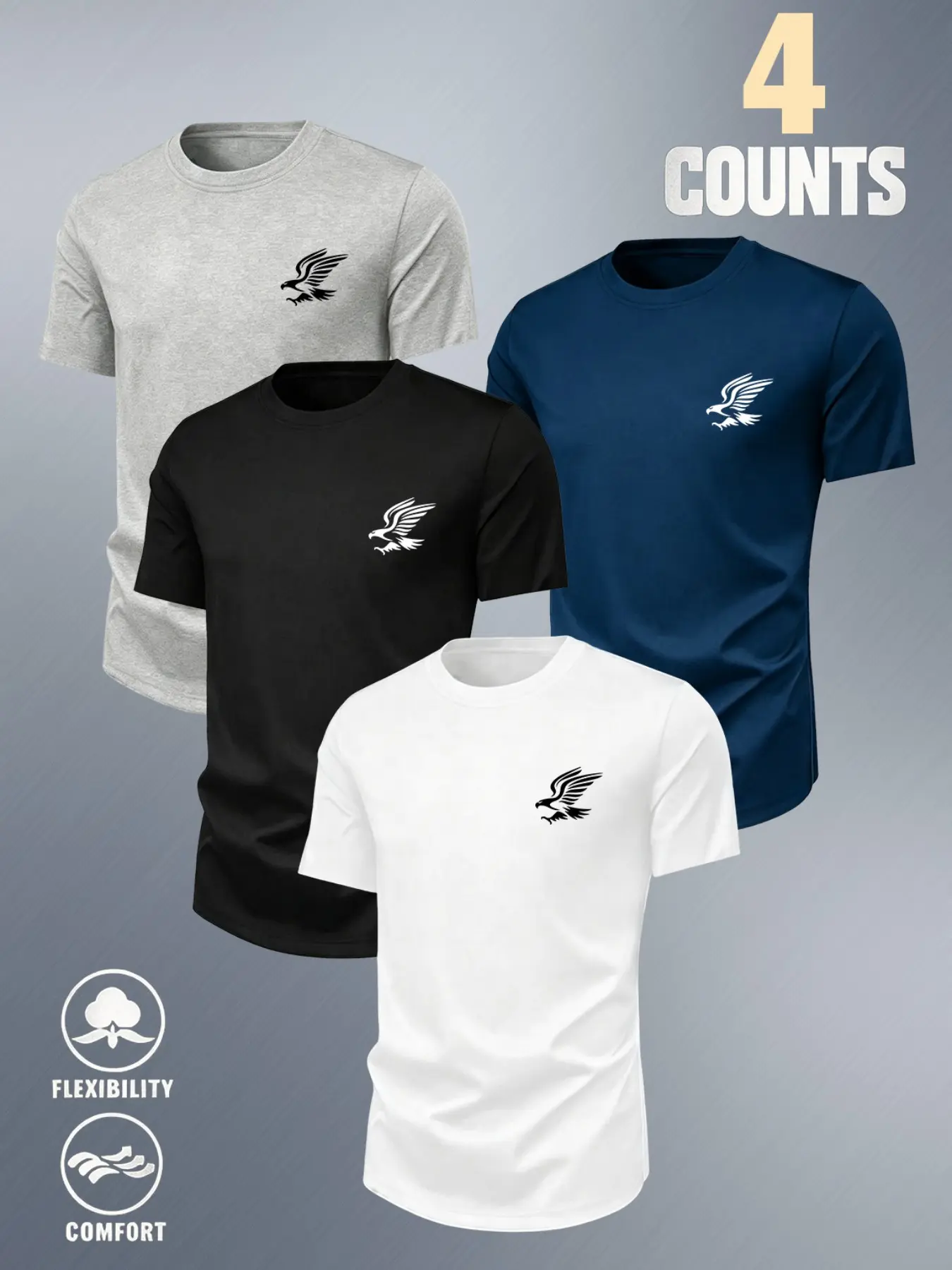 Men's Sporty Short Sleeve T-Shirt, Breathable Casual Tee, Eagle Print, Loose Fit, All Seasons, Multi-Color Options, Lightweight Sports Tees, 4-Pack