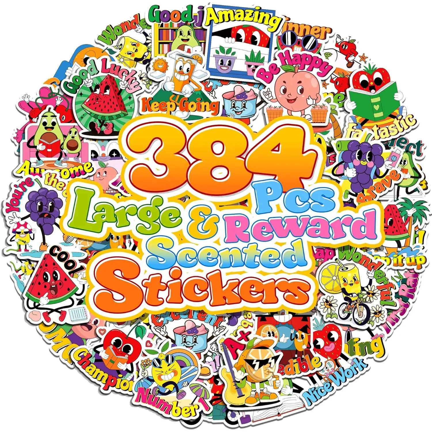 384 count Scratch and Sniff Stickers for , Large Scented  Smelly Fruits Stickers, Motivational Incentive Fun Sticker with Positive Words for Students School Teachers  Haves, 32 Designs