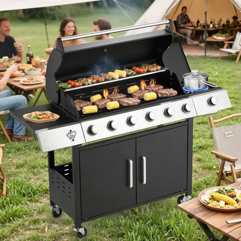3/4/6-Burner Propane Gas Grill In Grates, Side Burner & Lockable Wheels, Outdoor BBQ Grill for Backyard, Camping, Black