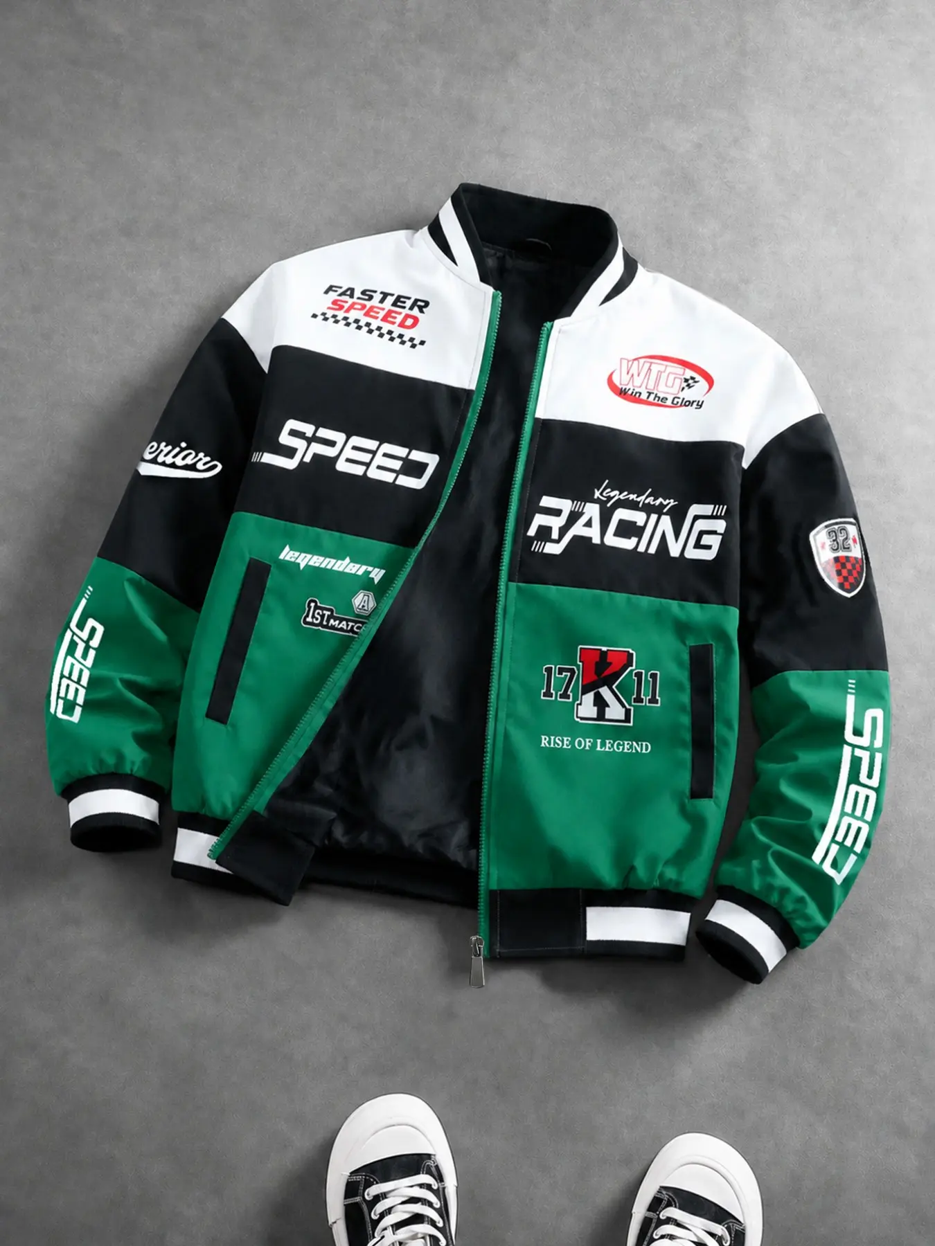 【Black Friday】Men's Colorblock Racing Letter Print Jacket, Baseball Collar Loose Fit, Long Sleeve Zip-Up, Casual Flying Jacket for All Seasons, Trendy Outerwear