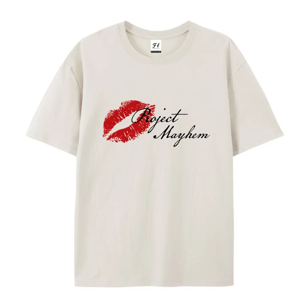 Unisex Short-Sleeve Project Mayhem Kiss Print graphic T-Shirt - Cult Classic Fight Club Tyler Durden 90s Grunge Vintage Oversized Crewneck, Y2K Streetwear Gen Z Aesthetic Pop Culture Casual Daily Wear for Men & Women