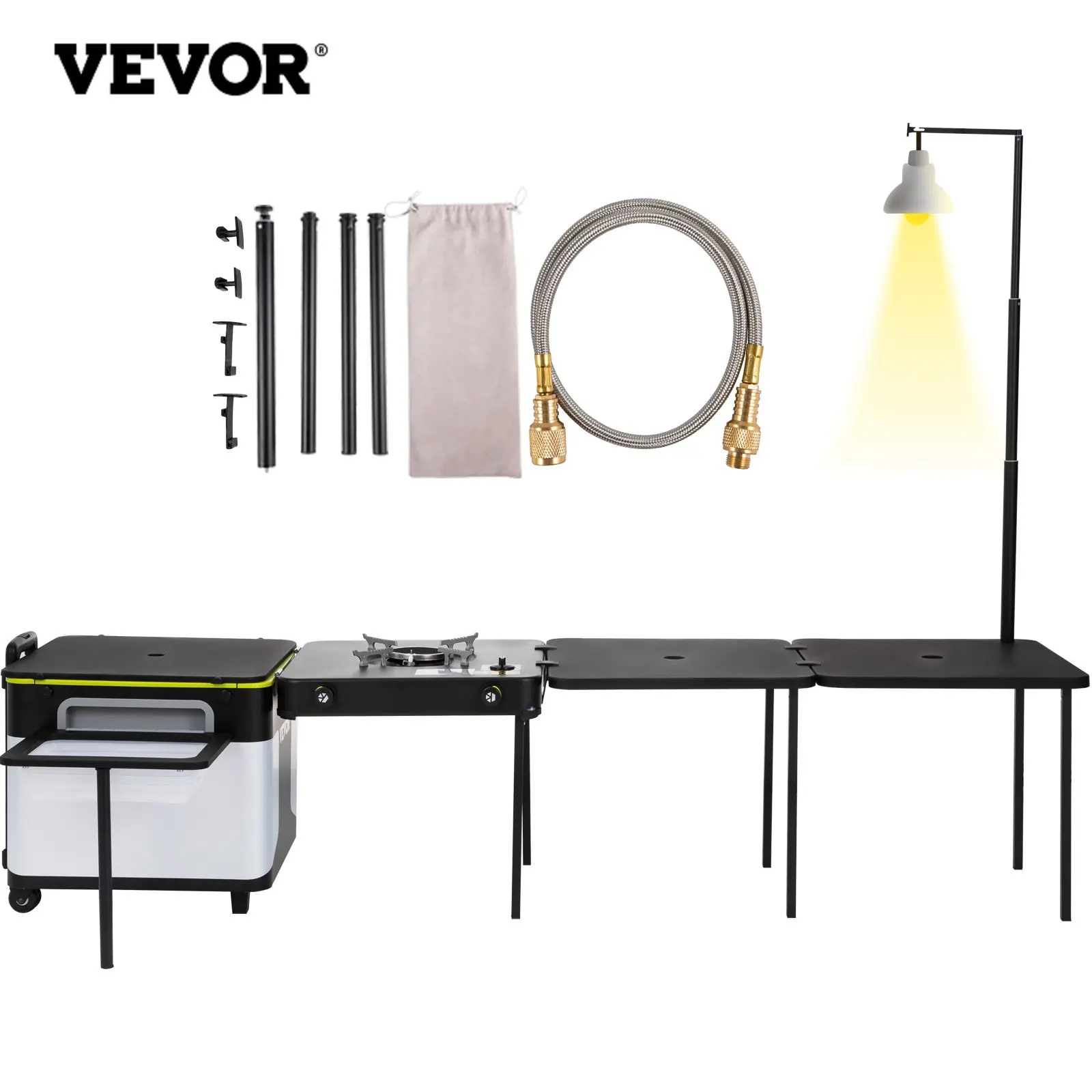 VEVOR Outdoor Mobile Kitchen, Portable Multifunctional Camp Box with Wheels All in One Integrated Cooking Station with Windproof Stove, Folding Tables Storage Organizer, Black