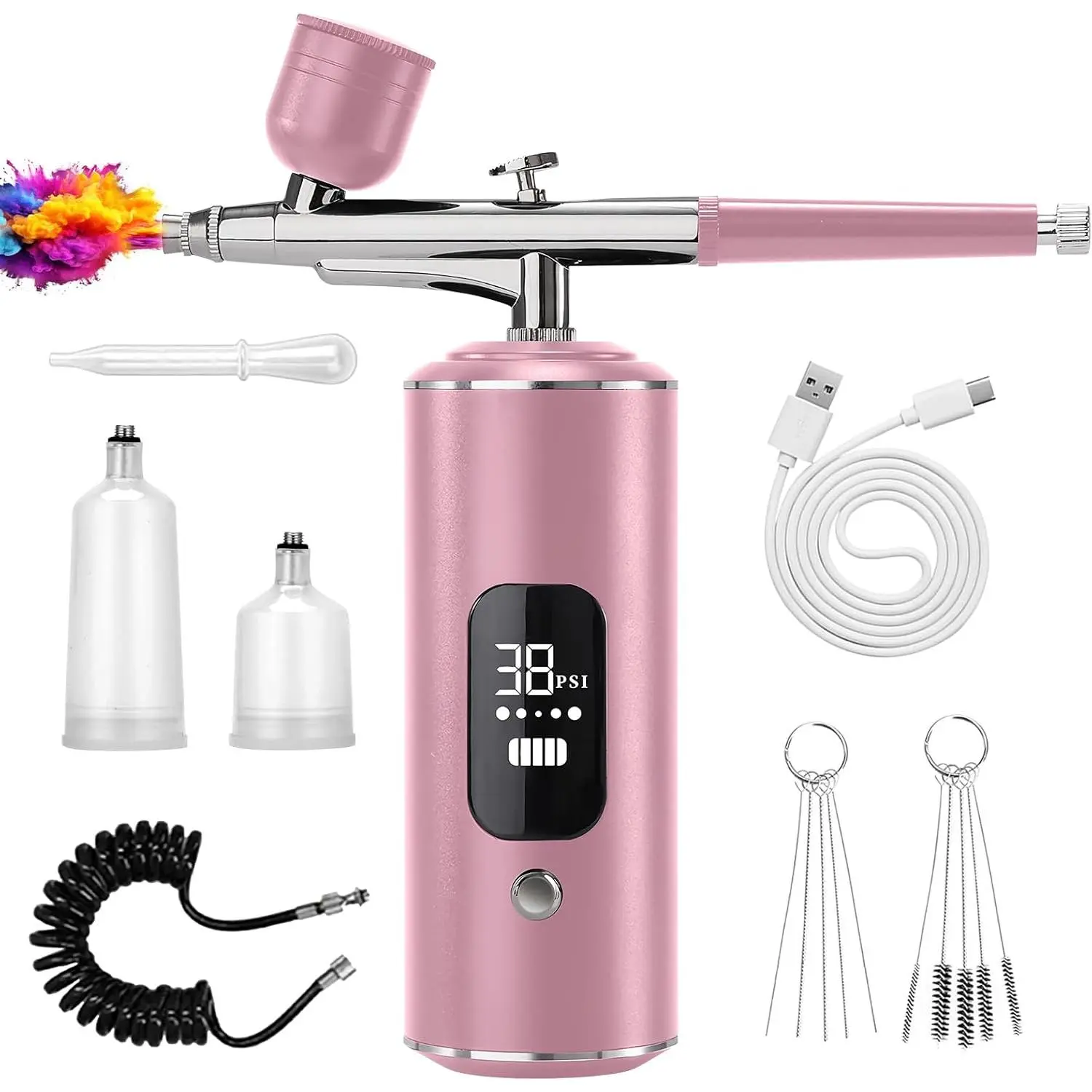 Airbrush Kit with, with 0.3mm Nozzle and Brush,3 High-Pressure Modes Spray Machine for Painting, Cake Decor, Pastry, Makeup, Nail Art (Pink.