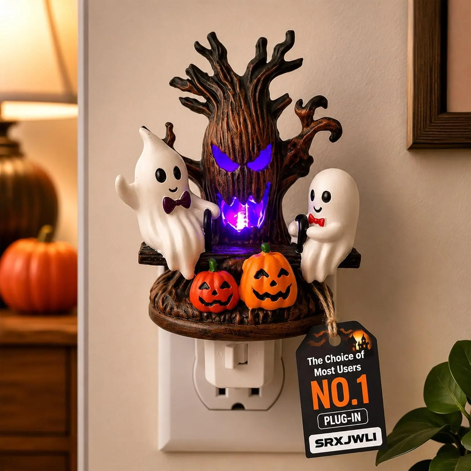 LED Night Light Resin Pumpkin Tree Glowing Ornament, Halloween Spooky Desktop Fireplace Decor, Seesaw Ghost LED Lamp, Festive Decoration