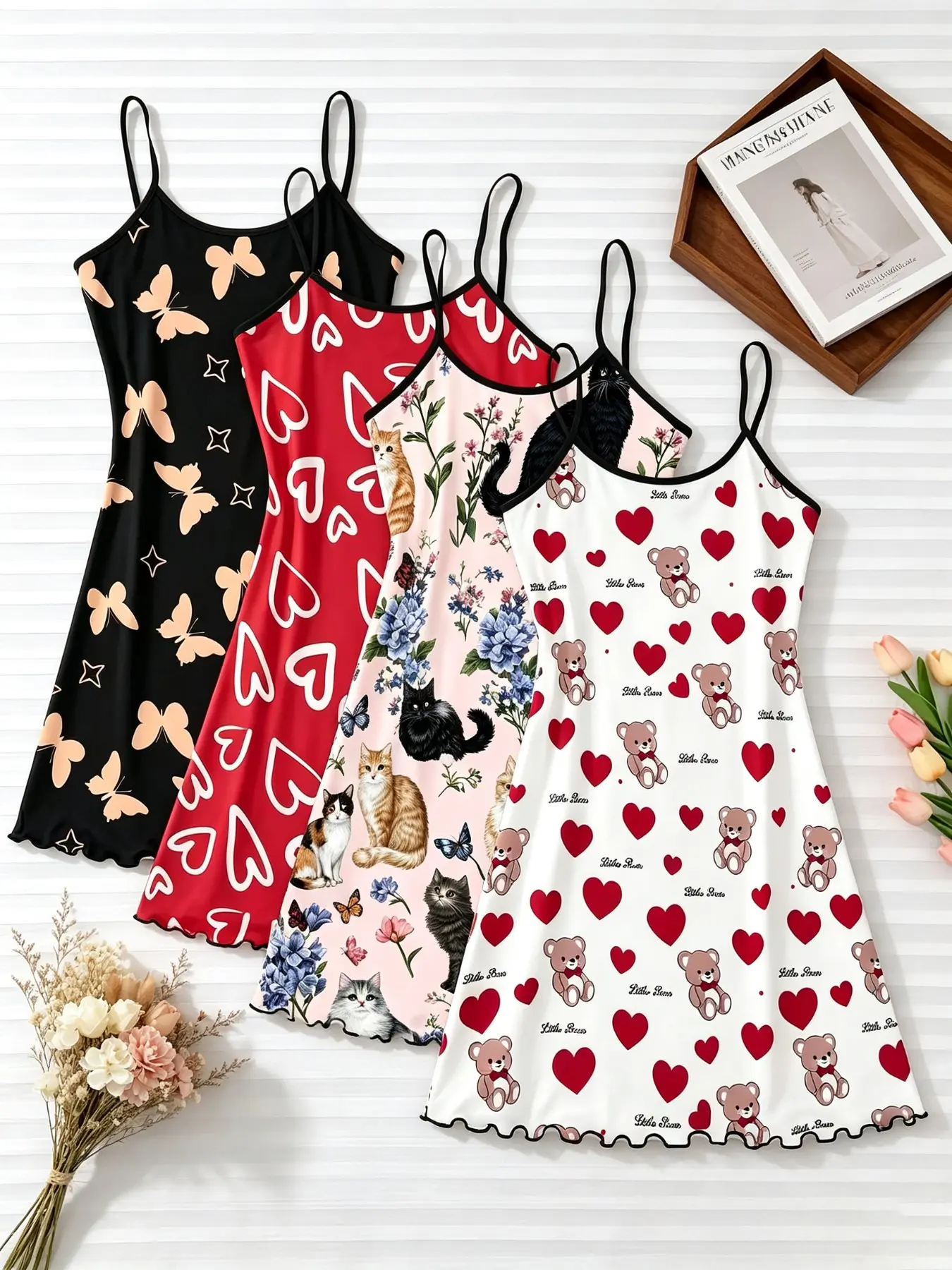 4 Pack Viral 2026 Trending Now Best Seller Women's Sleepwear Butterfly Heart Cat Teddy Bear Print Summer Spaghetti Strap Ruffle Hem Ultra Buttery Soft Slip Dress Lightweight Comfy Breathable Casual Lounge Loungewear Printed Nightgown for Daily Wear
