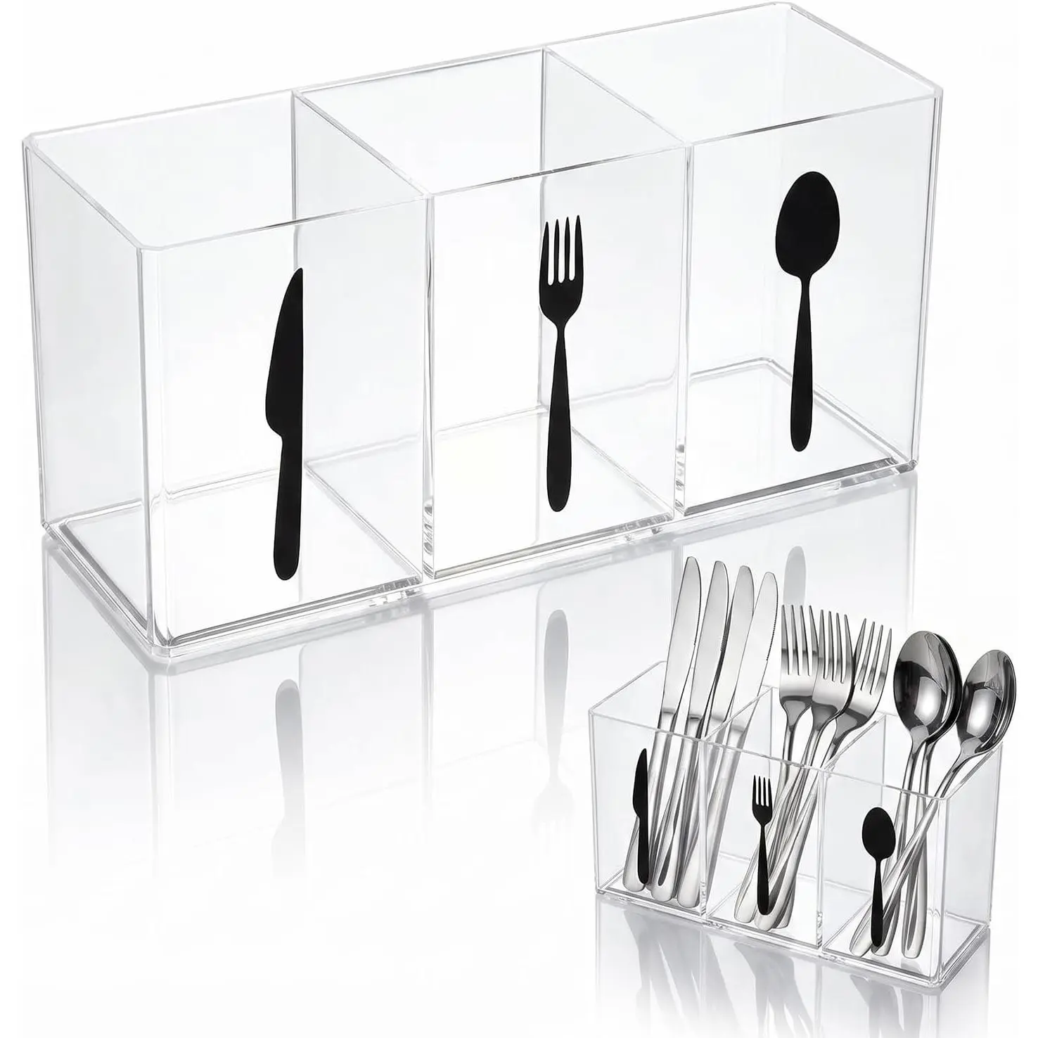 Cutlery Storage Organizer, Transparent Silverware  | 3 Section, for Kitchen Countertop, Utensil Holder, Holds Fork Spoon