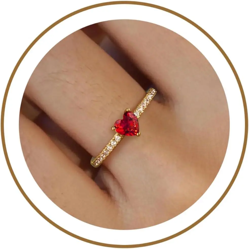 Heart Birthstone Gold Rings for Women Non Tarnish 14K Gold Plated Stackable CZ Gemstone Emerald Pinky Ring Dainty Engagement Promise Rings for Her Waterproof Jewelry Birthday Gifts Size 6-10