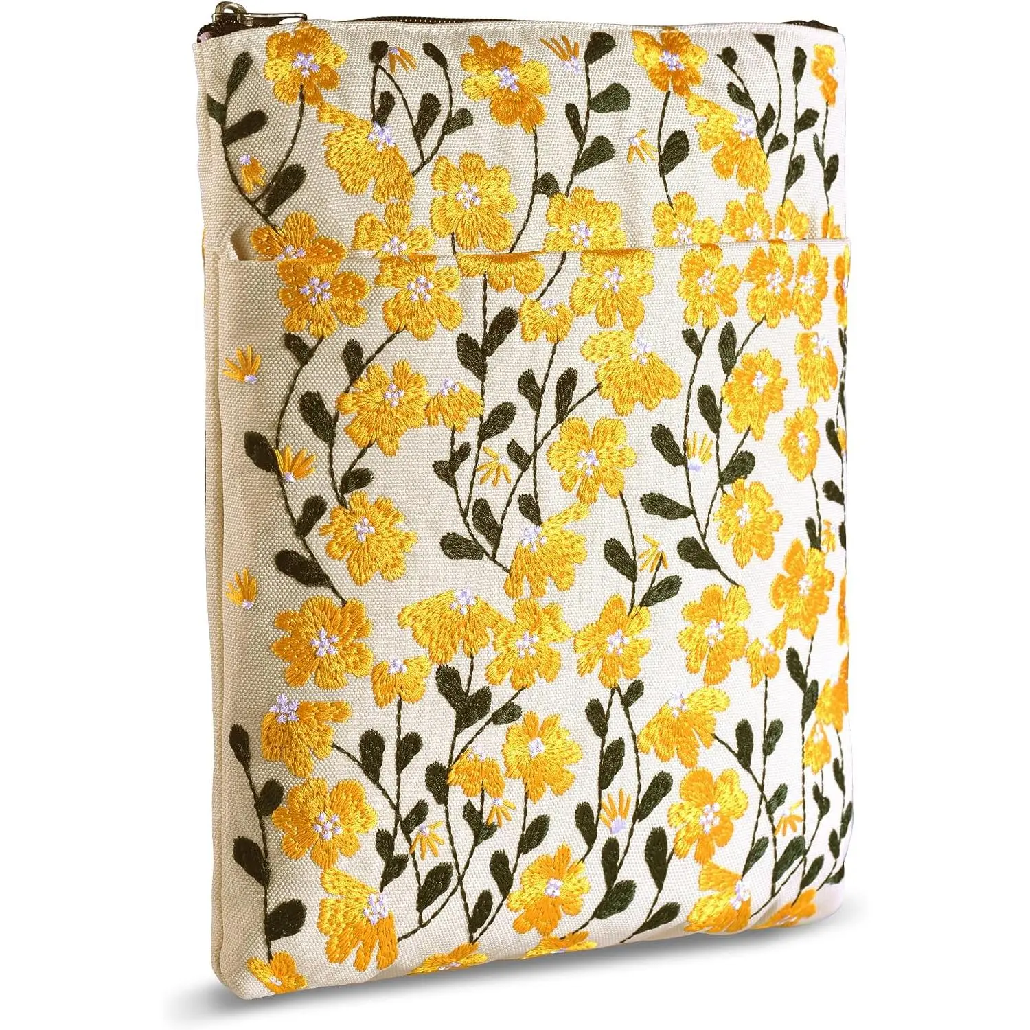Embroidered Daisy Flower Book Sleeve with Zipper - Washable Fabric Book Cover Protector for Paperbacks & Hardcover,  for Book Lovers (Yellow, 11x8.5 Inch)