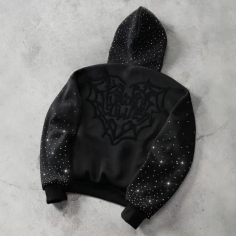 Kyn Apparel Rhinestone Embellished Hoodie Men Women Gothic Embroidery Sparkle Sleeve & Hood Pullover Fall Y2K Streetwear