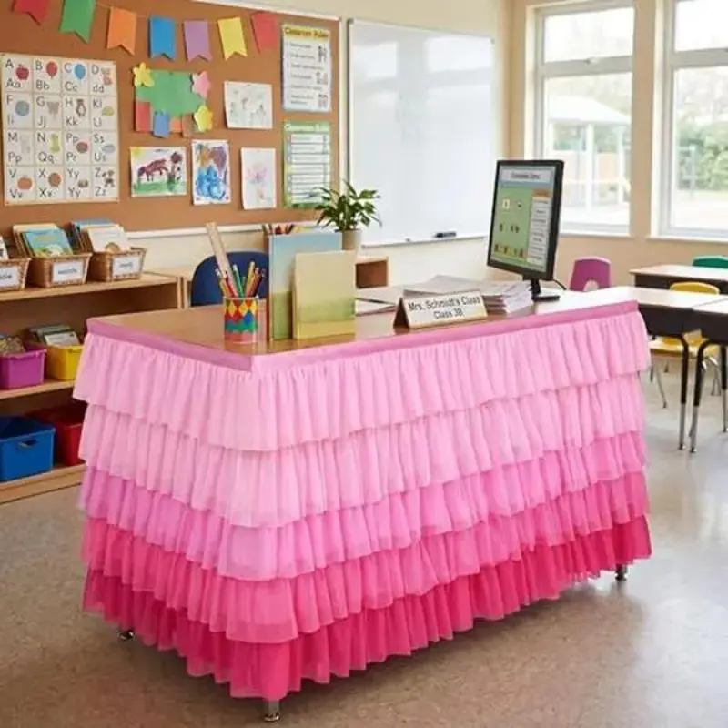 Teacher Desk Skirt with Pink Pastel Ruffled Boho Rainbow Design, Back to School Desk Cover for Hiding Clutter, Clutter Concealment, Ideal for Counselor Desks, Standing Desks, Meet the Teacher Night, First Day of School Teacher Office Decor