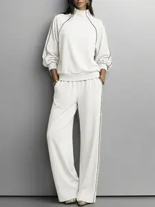 Women's Casual Knit Set, High Neck Long Sleeve Color Block Hoodie, Elastic Waist Wide Leg Pants, Daily Wear Sport Commute