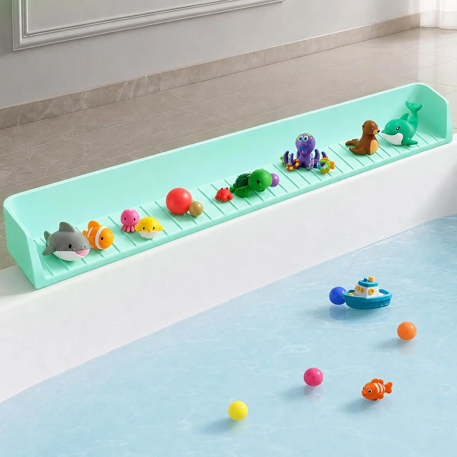 Bathtub Splash Guard for tub & Bath Shelf for  –  Bath Tray, Bath Toys Storage & Ledge Organizer – Splash Guard for Bathtub with Suction Cups –  Bathroom Accessories(2.6FT, Green)