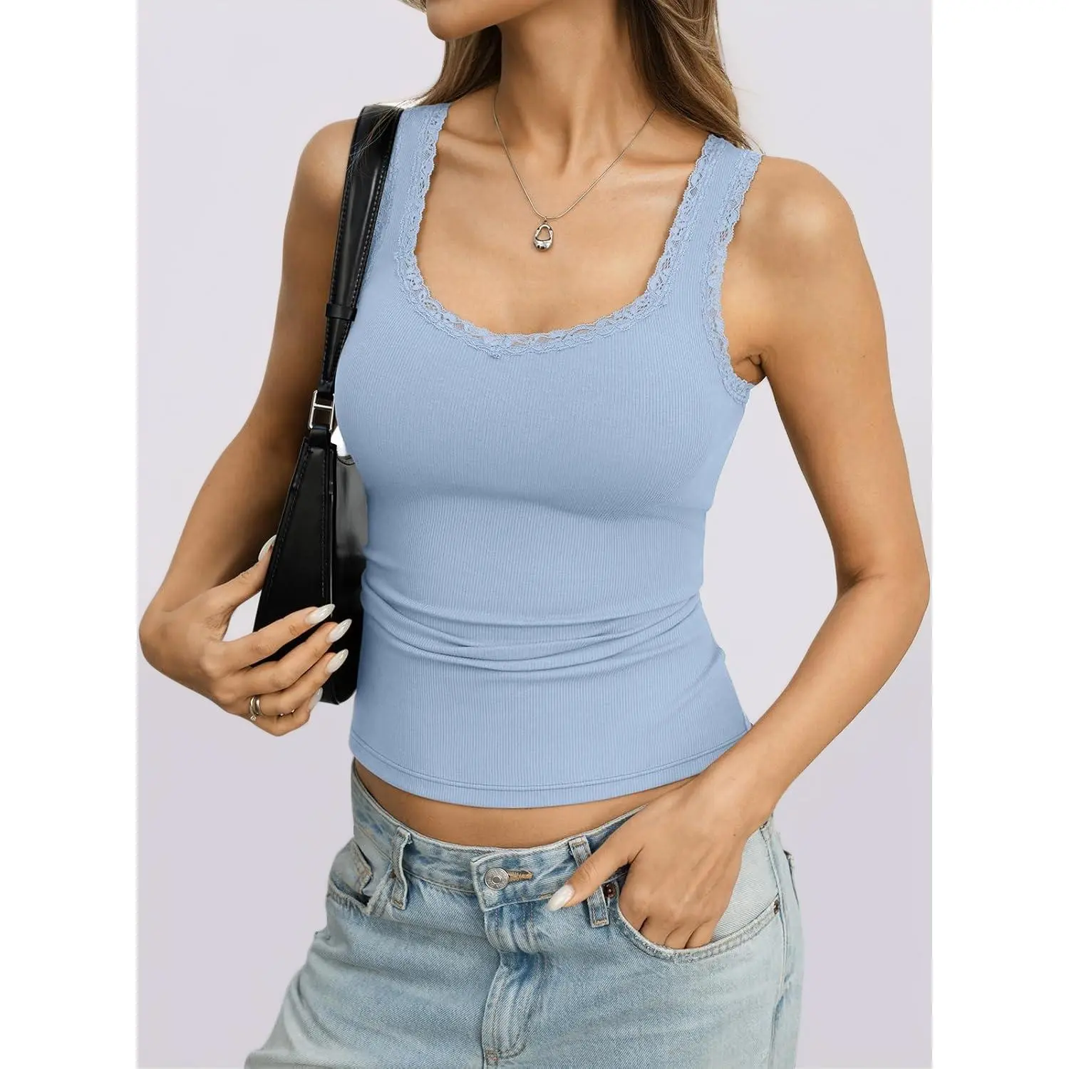 EasyGala Womens Lace Trim Ribbed Tank Tops V Neck Fitted Sleeveless Tops |   Cotton, Knit, Stretchy, Soft, Camisole, Low Cut, 2026, Summer, Cute, Trendy, Casual, Y2K, Going Out, Daily Outfits, Vacation