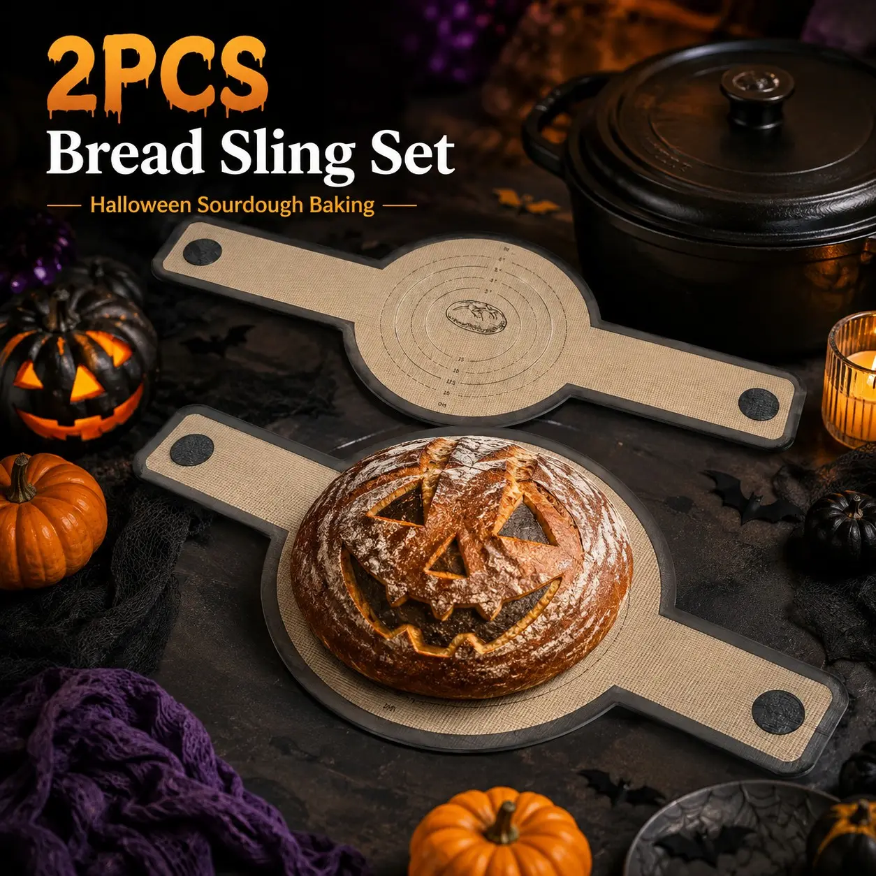 2PCS Halloween Sourdough Bread Sling Set, 21.86in Reusable Silicone Baking Mats, Baking Tools with Handles for Dutch Oven, Easy Transfer Bread Lifter for Homemade Artisan Loaf Baking