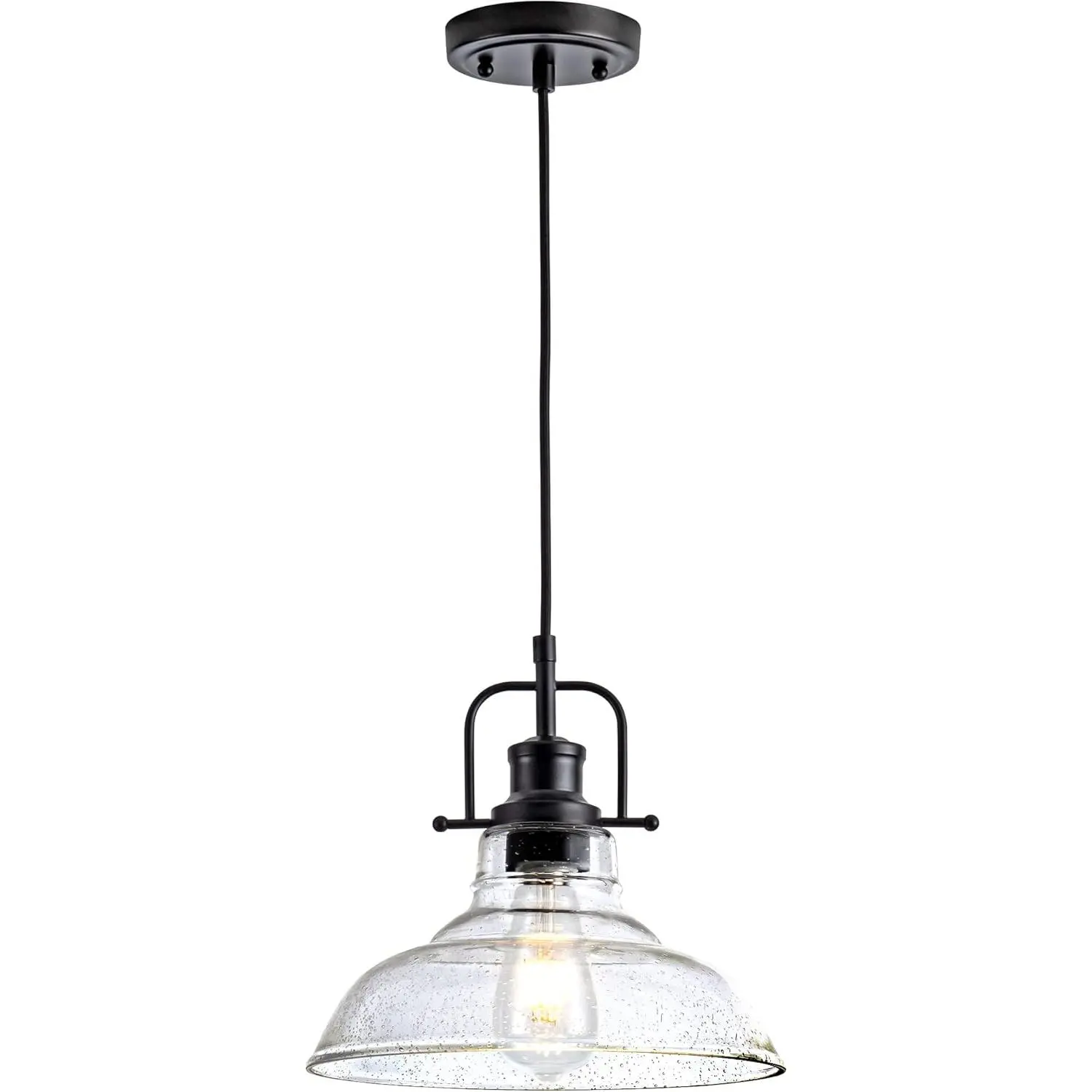 Black Seeded Glass Pendant Light - Industrial Single Fixture, Adjustable Height Hanging Lamp with Ceiling Mount, E26 Base, Easy Install, 11" x 11" x 78.5", for Kitchen Island Foyer