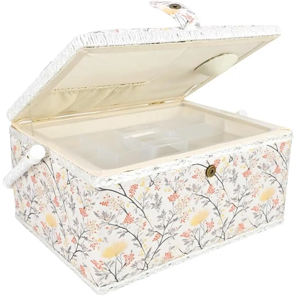 Large Vintage Sewing Box No Accessories Elegant Sewing Basket with Removable Tray Padded Exterior for Sewing Supplies Storage