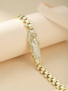 18K Gold Tone Plated Rectangle Link Bracelet, Full Pave Cubic Zirconia Eagle Head Bar Tag Wristband, Hypoallergenic Tarnish Free, Vintage Animal Totem Statement Stackable Jewelry Gift For Men Women