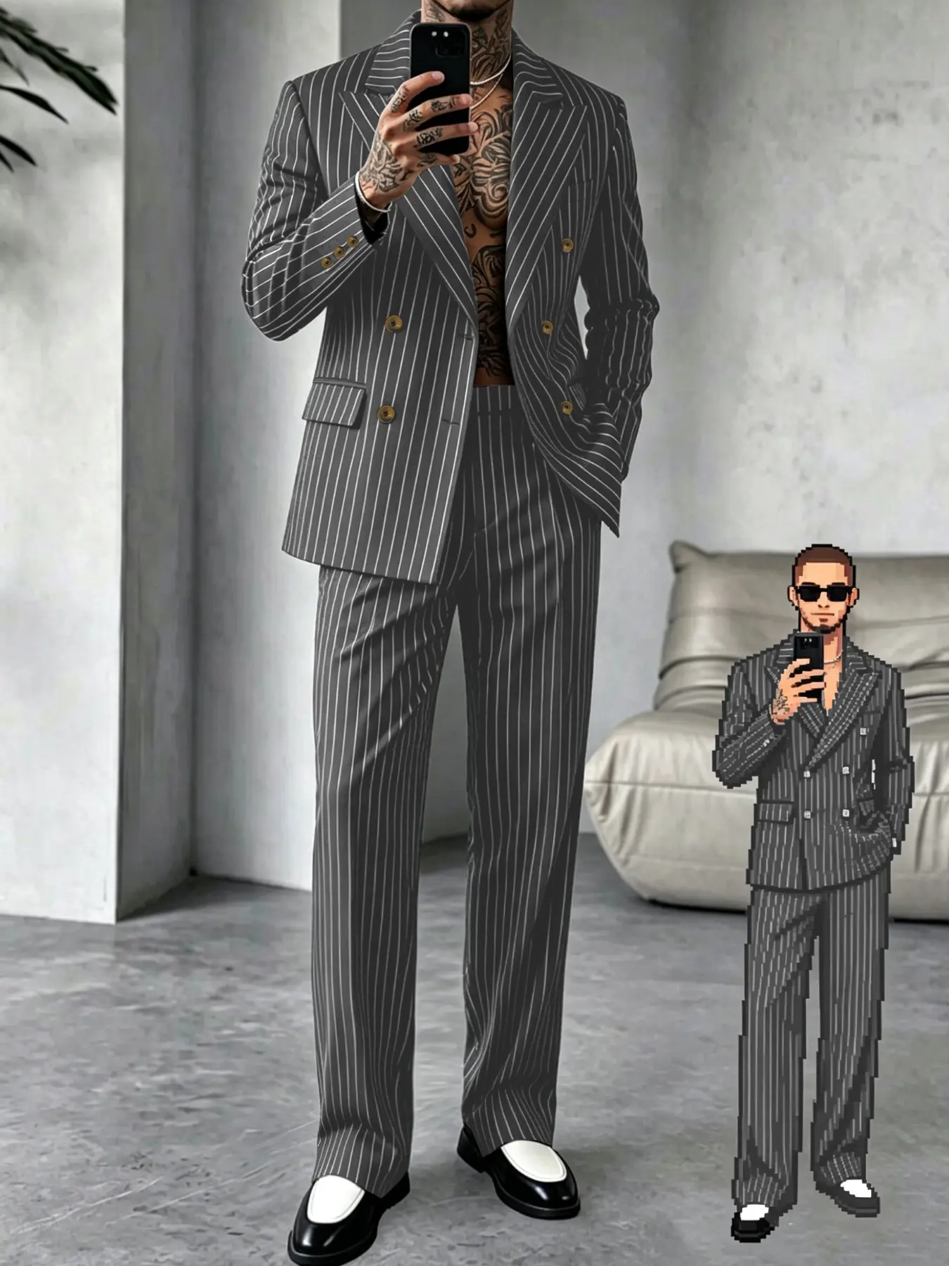Men's Business Elegant Suit Wedding Striped Blazer Set, Double-Breasted Notch Lapel Long Sleeves Jacket + Pants, Daily Commute, Groom Dress, Evening Event