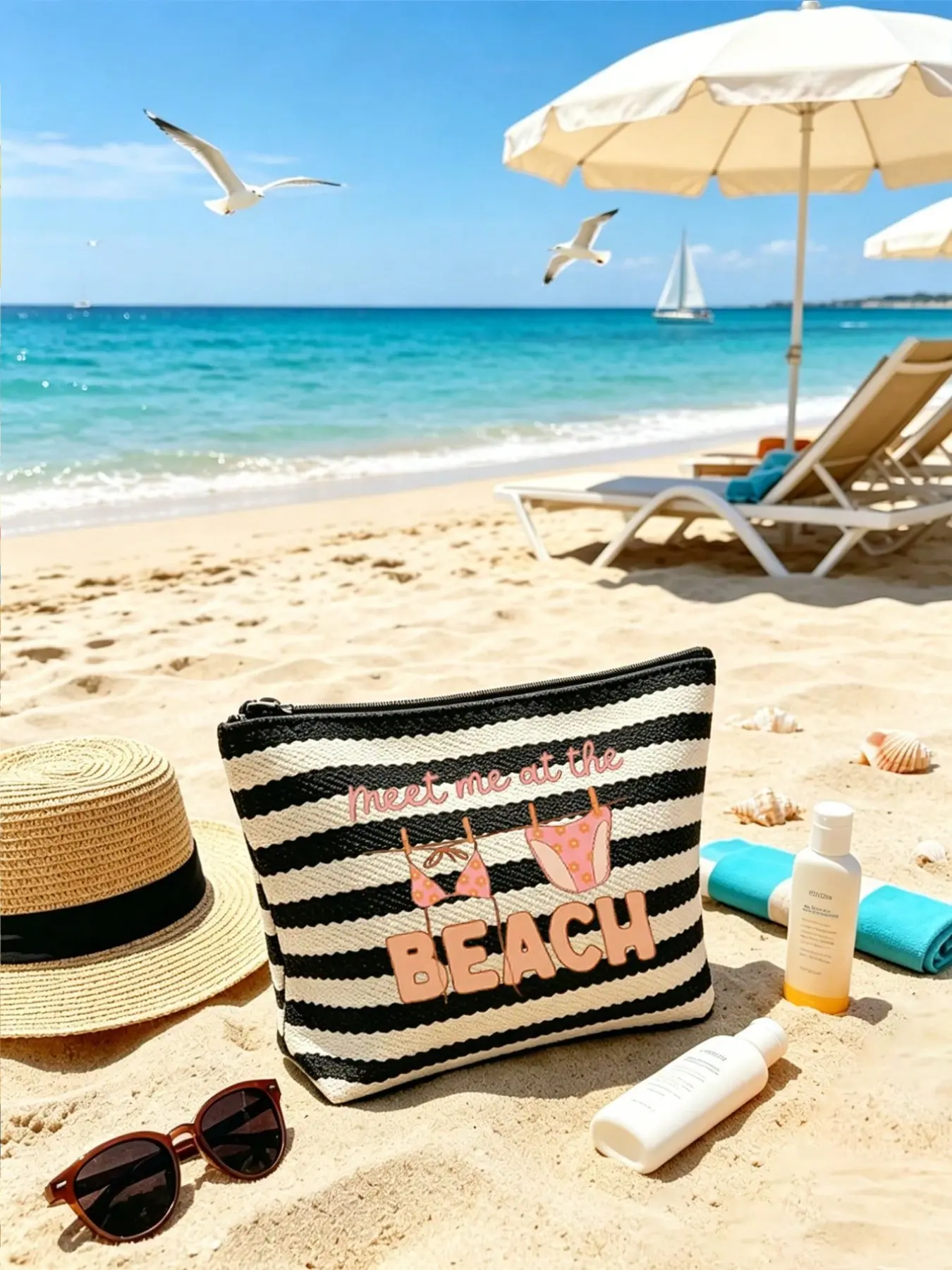 1pc Print Pattern Striped Makeup Bag, Cute Small Size, Zipper Design, Emergency Pouch, Gift for Family and Friends