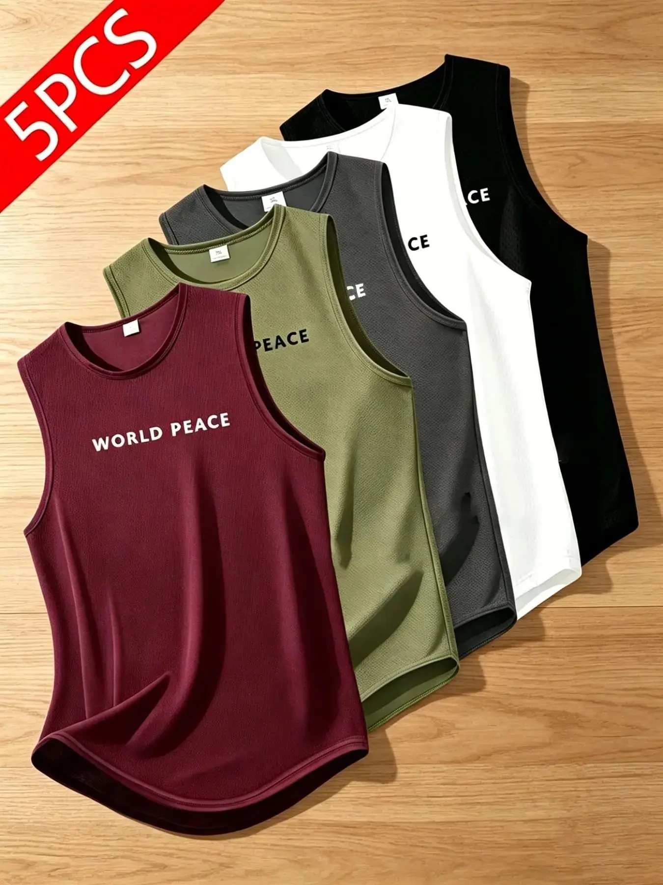 5-Pack Men's Quick Dry Sports Tank Tops with Peace Print, Breathable Moisture Wicking Sleeveless Gym Wear, Lightweight Athletic Workout Vests for Fitness Training, Night Runs, Cycling, Bodybuilding and Daily Wear, Sporty Tank Top