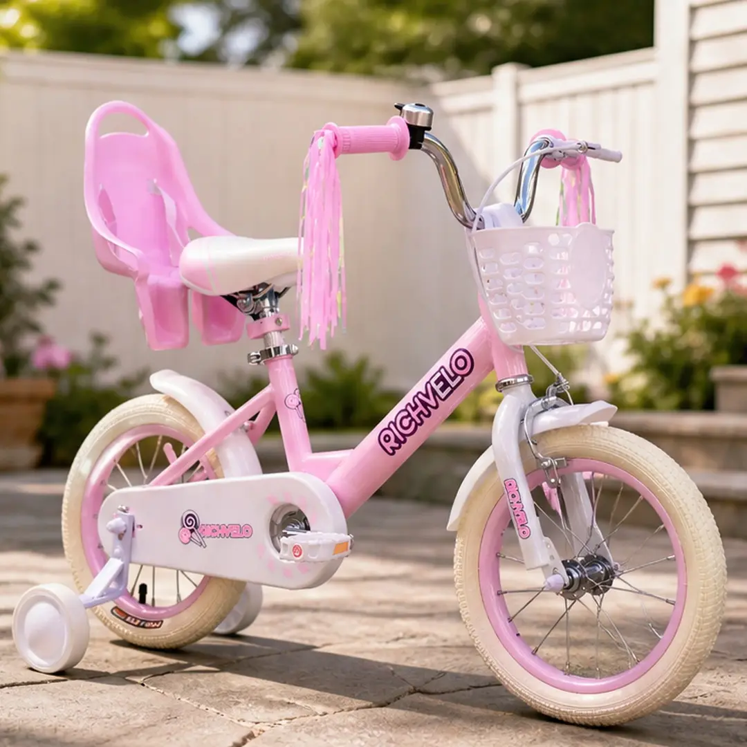 Princess Theme Kids Steel Bike for Girls 2 to 7 Years, 12/14/16 in Bicycle with Anti-Slip Features, Training Wheels, Basket, Doll Seat, Colorful Handlebar Streamers, Adjustable Seat, Outdoor Fun Birthday Gift, Puncture-Resistant Tires, Rear Doll Seat