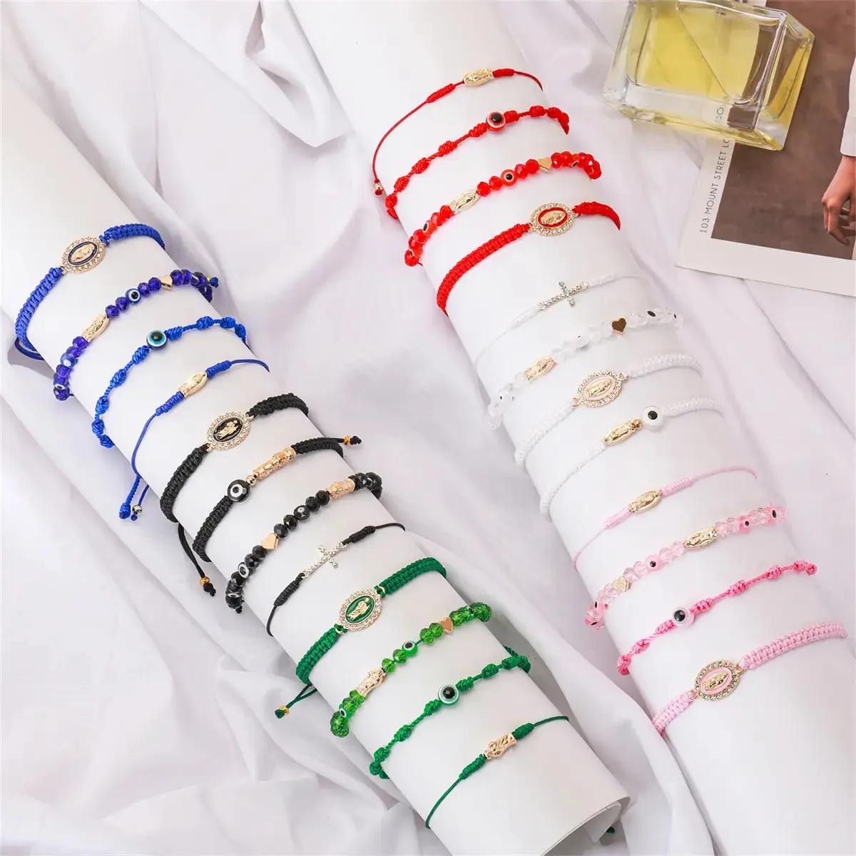Men/Women Unisex Wear 4-Piece Matching Couple Beaded Bracelet Sets - RecBraided Pink String, Evil Eye Heart Charm, Lucky Mexican Green Rope, San Judas Virgin Mary Amulet - Fashion Jewelry Gift Ideas, Matching Sets, Titanium Alloy, Beading