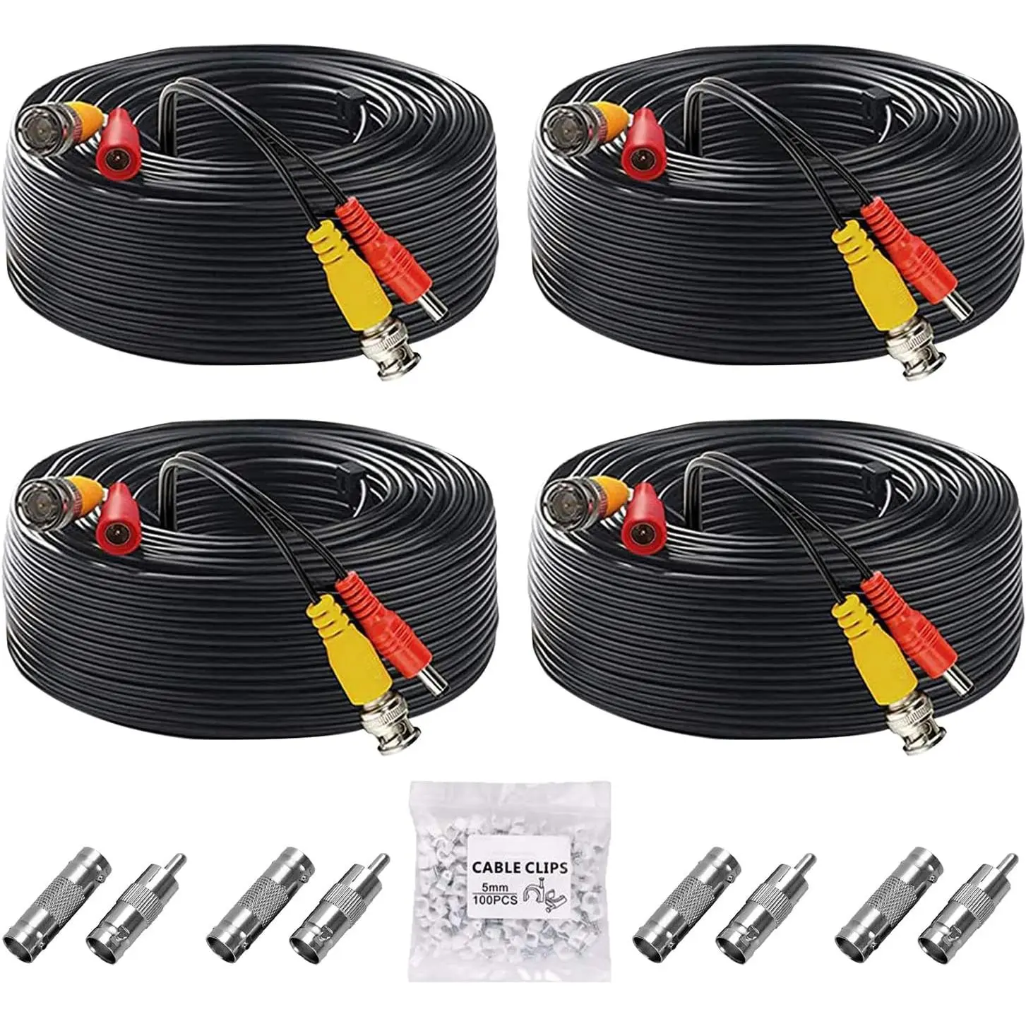 4-Pack Durable Pure Copper BNC Extension Video Power Cables (100ft/30M) for CCTV Cameras, DVR Systems, CCTV Users - Audio & Video Accessories with 8 BNC Plugs, 100 Clips