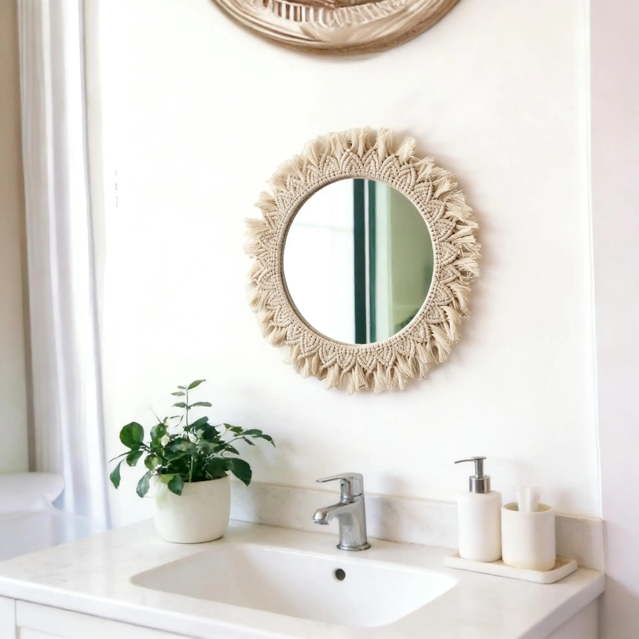 Macrame Wall Hanging, Bohemian Style Acrylic Mirror, Handmade Fringe Decor, Background Wall Art, Bed Headboard Ornament