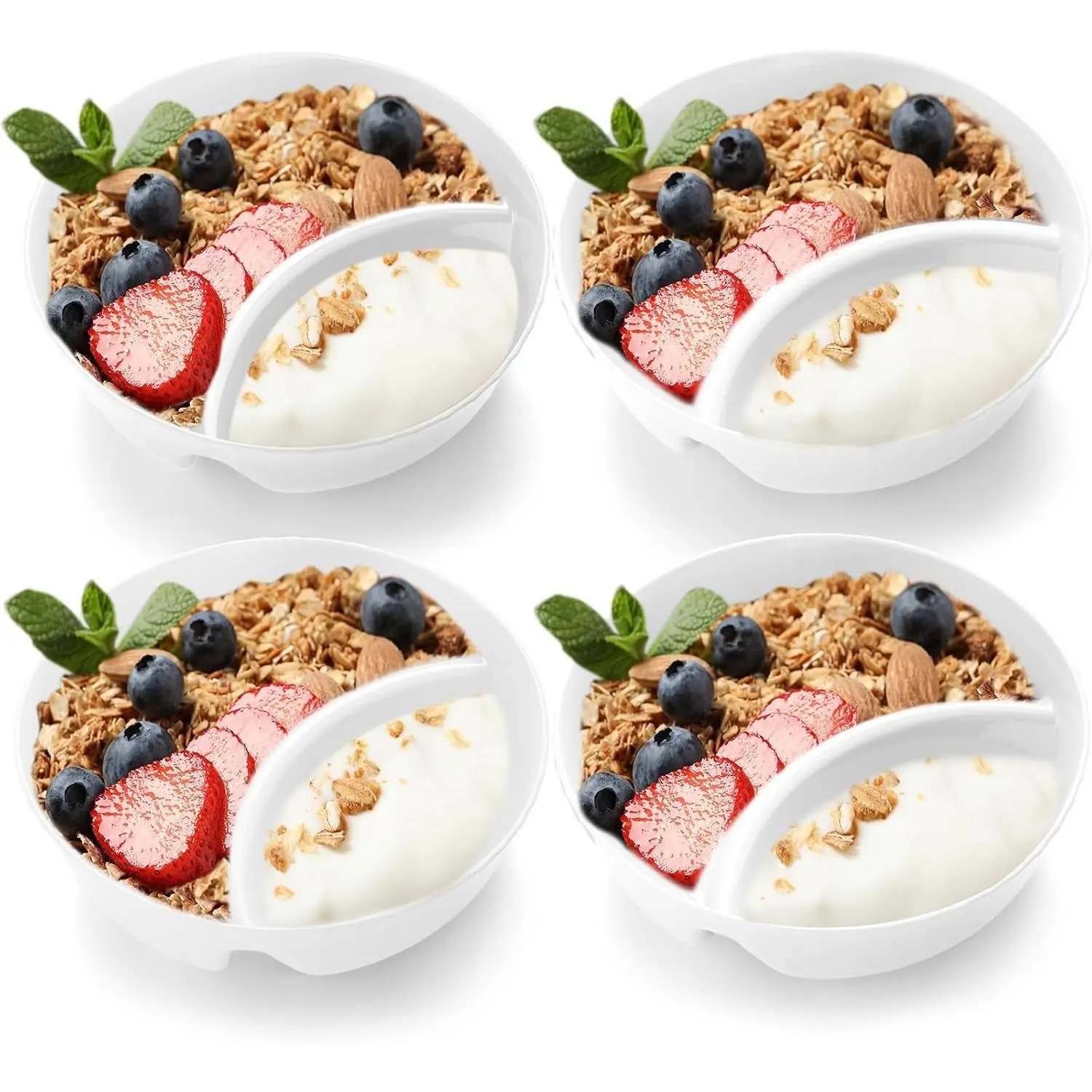 4 Pcs Divided Cereal Bowls Anti Soggy Cereal Bowl with Divider Plastic Separate Milk Container Microwave Dishwasher Safe Stackable Snack and Dip Container for Chip (White)